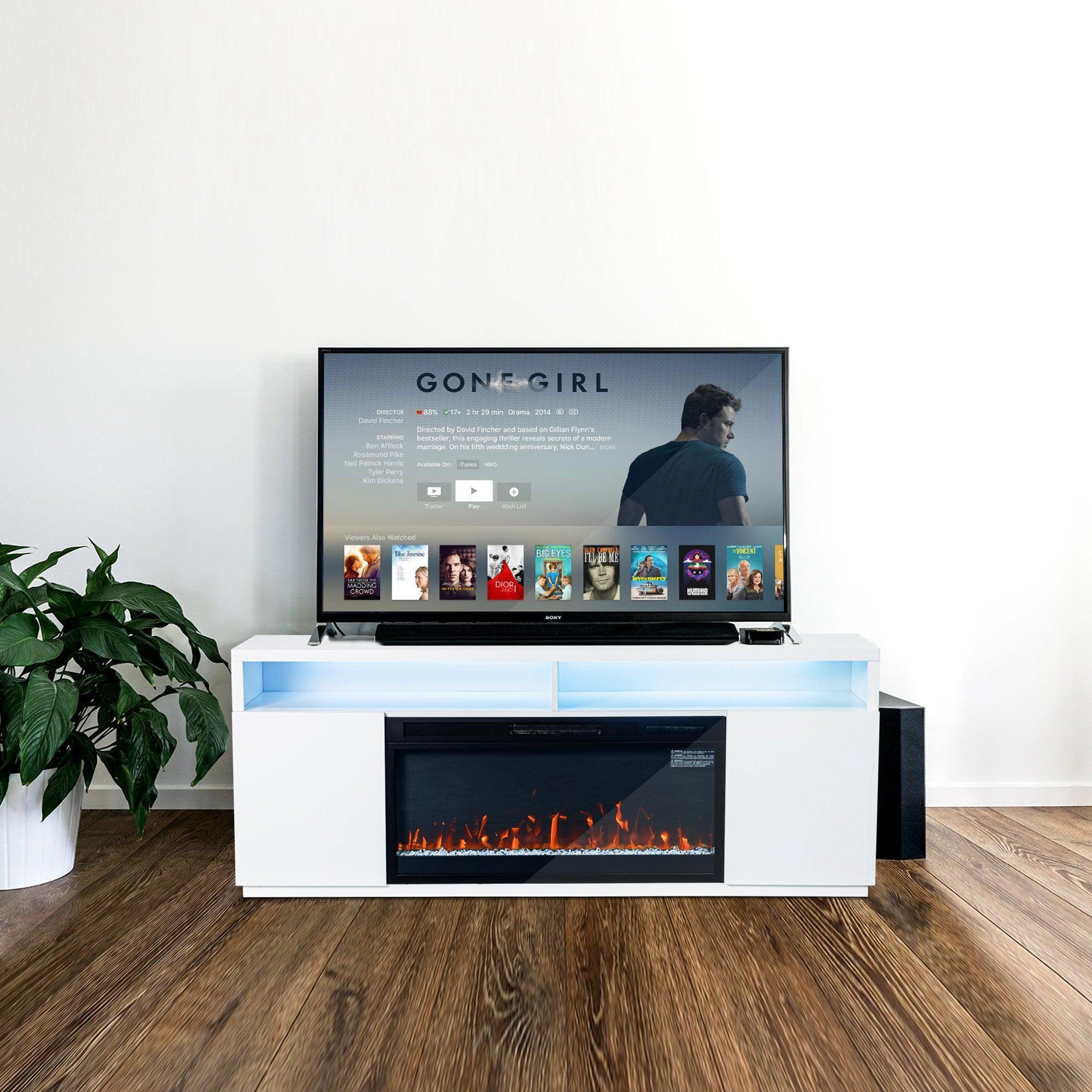 Moderno soporte para TV LED de 68" con chimenea eléctrica de 36" para sala de estar, en blanco o negro.