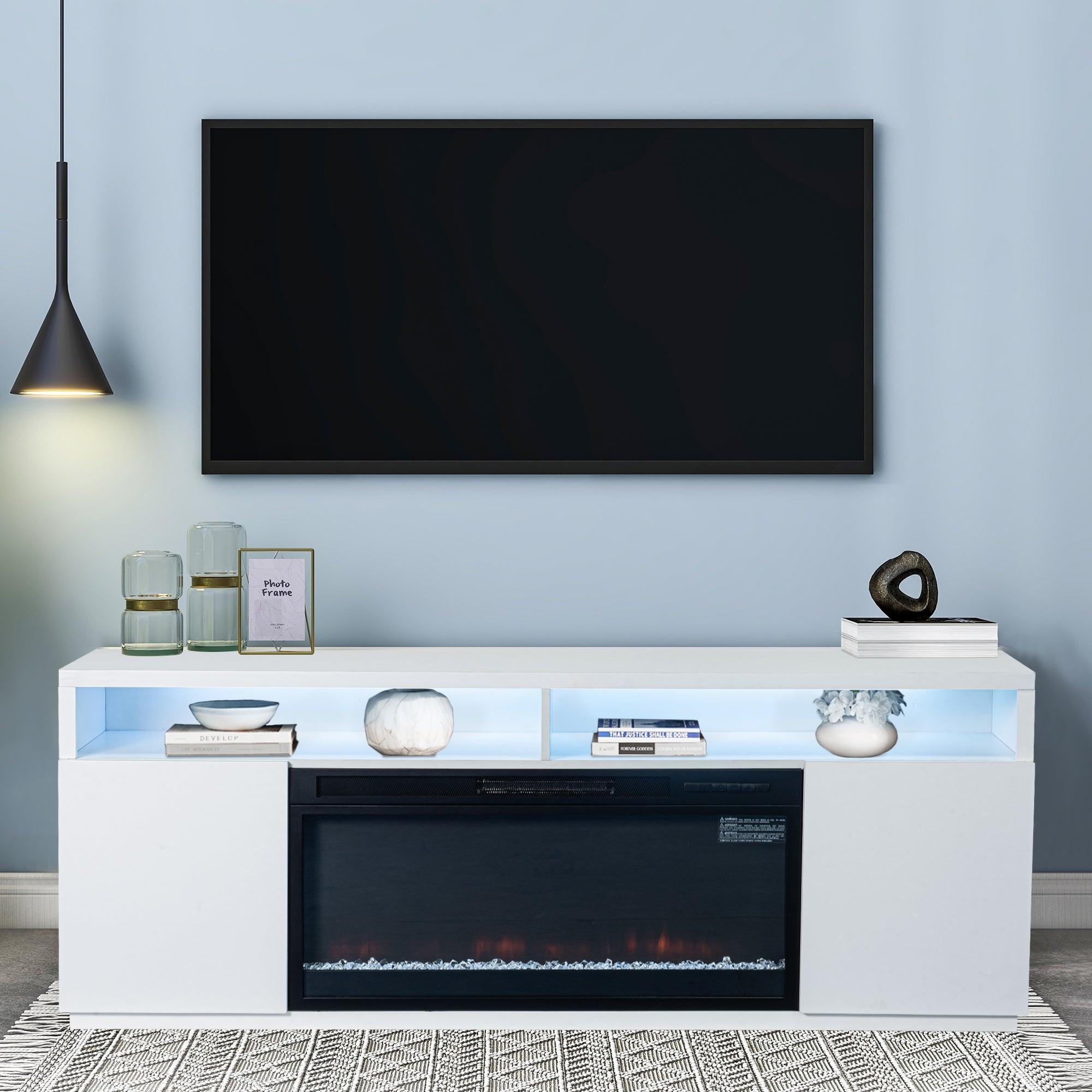 Moderno soporte para TV LED de 68" con chimenea eléctrica de 36" para sala de estar, en blanco o negro.