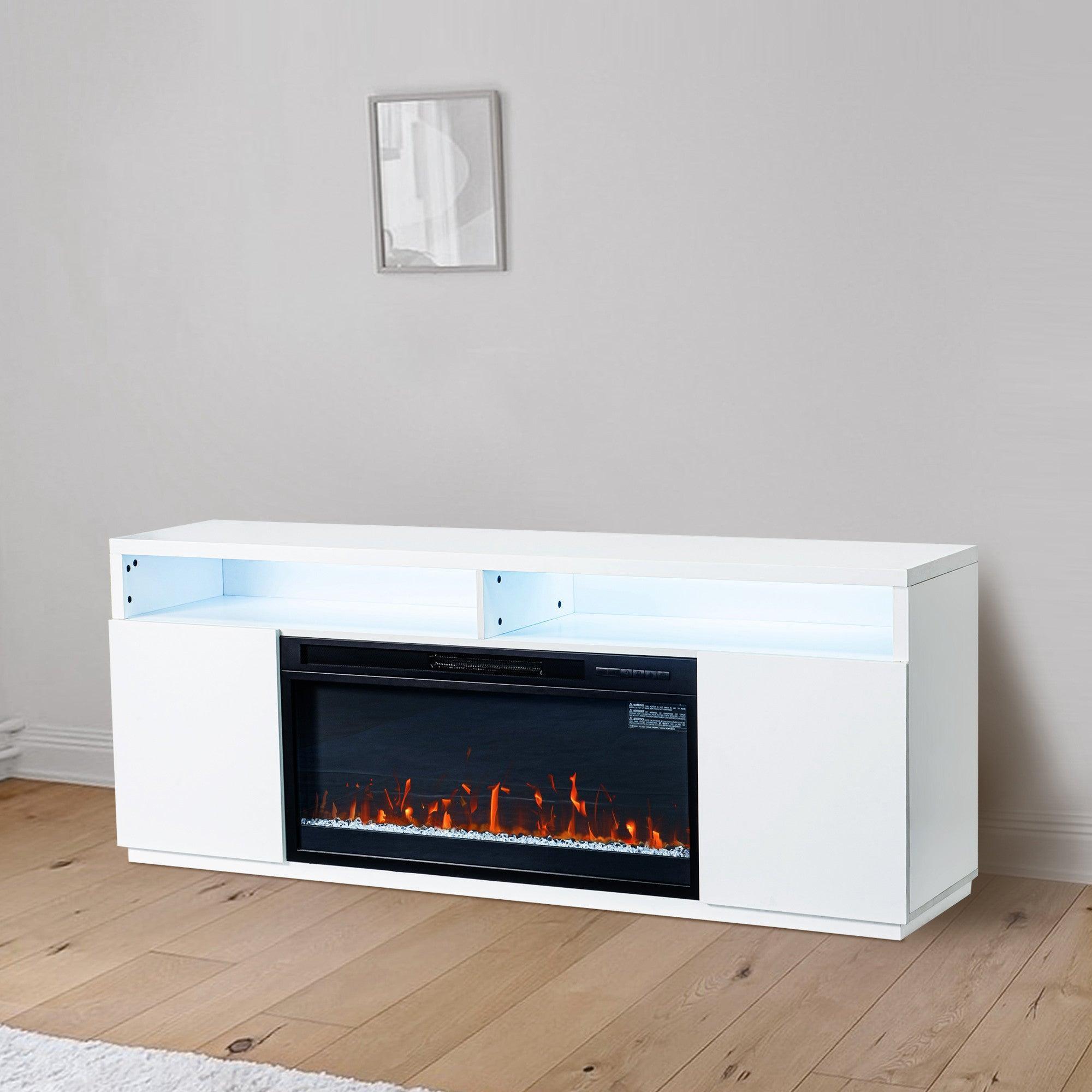 Moderno soporte para TV LED de 68" con chimenea eléctrica de 36" para sala de estar, en blanco o negro.