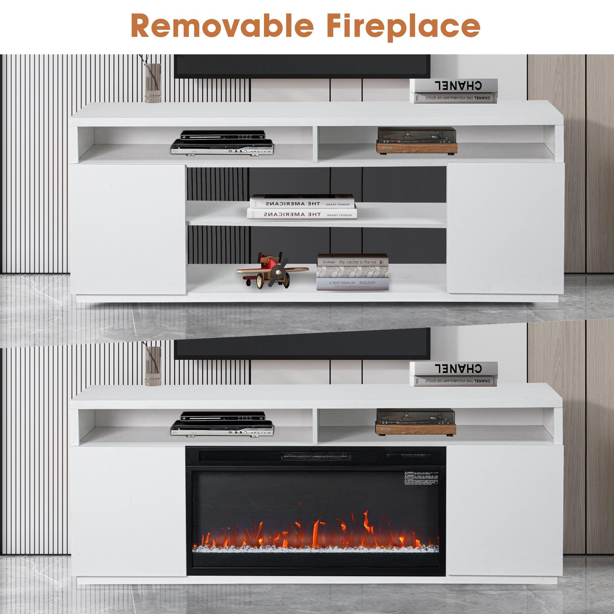 Moderno soporte para TV LED de 68" con chimenea eléctrica de 36" para sala de estar, en blanco o negro.
