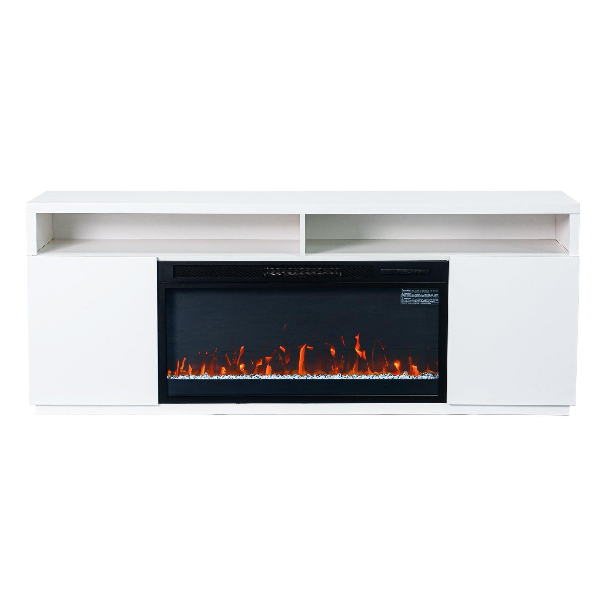 Moderno soporte para TV LED de 68" con chimenea eléctrica de 36" para sala de estar, en blanco o negro.