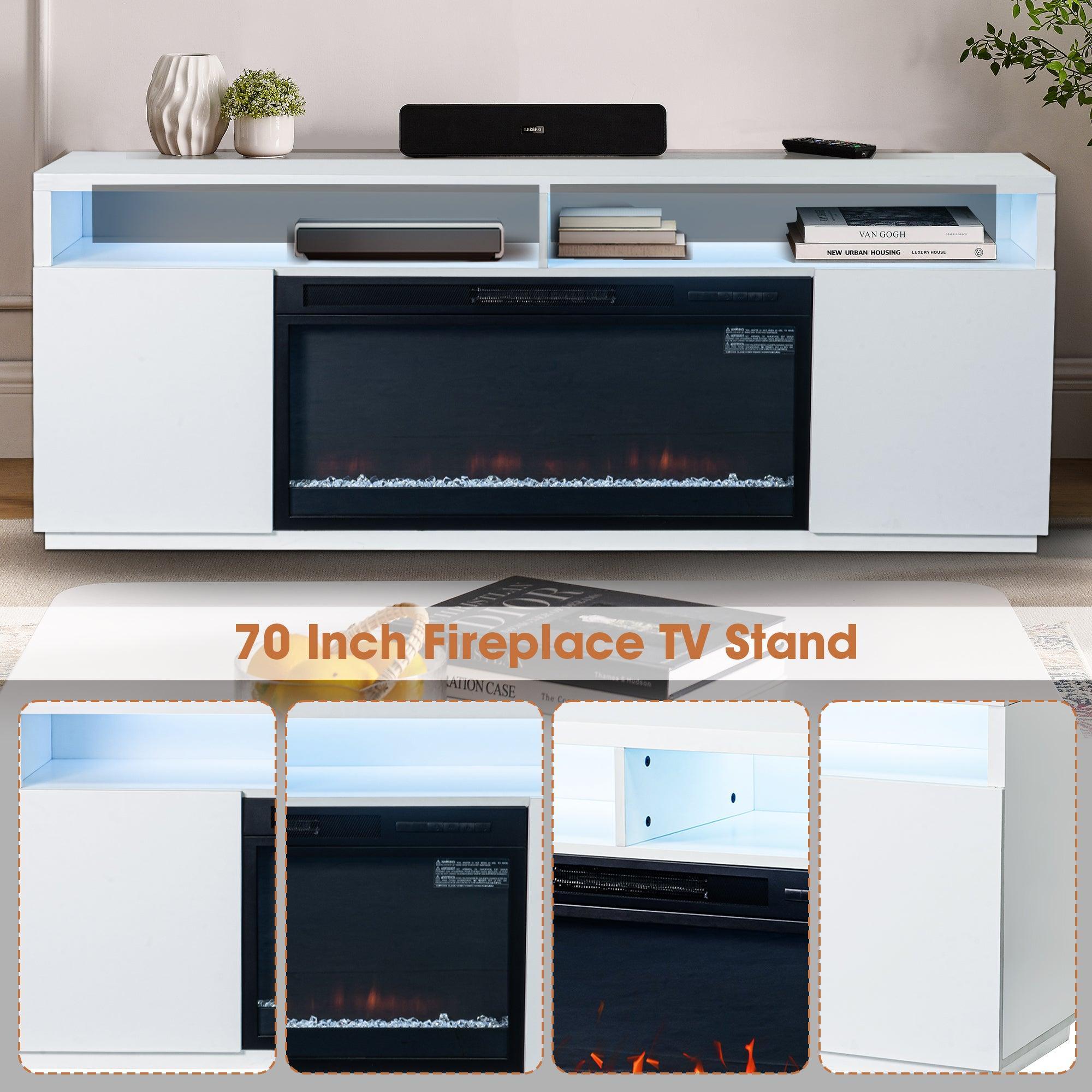 Moderno soporte para TV LED de 68" con chimenea eléctrica de 36" para sala de estar, en blanco o negro.