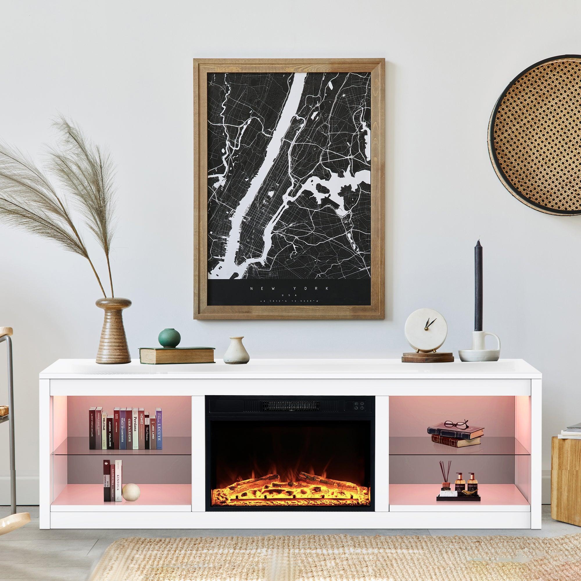 Moderno mueble para TV LED de 66" con chimenea eléctrica de 23" para sala de estar