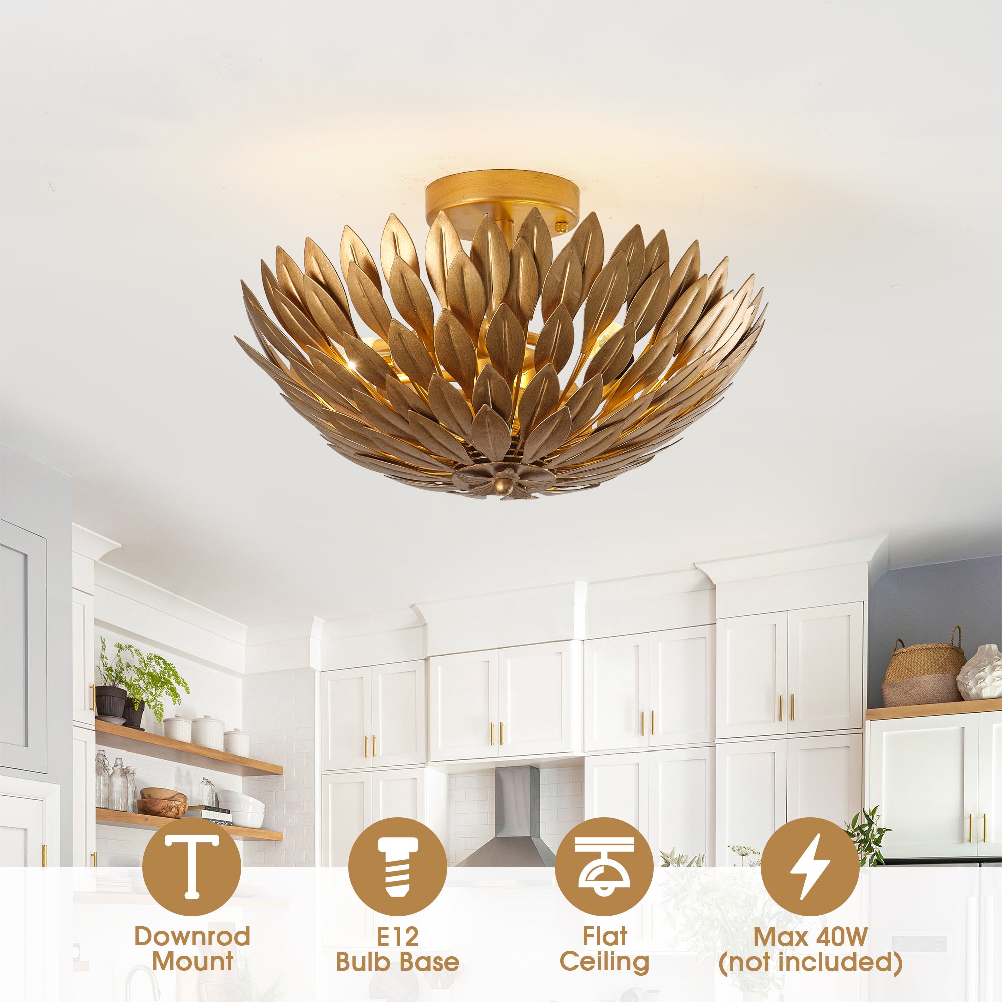 Lámpara de techo semiempotrada dorada de 16 pulgadas y 3 luces de estilo rústico