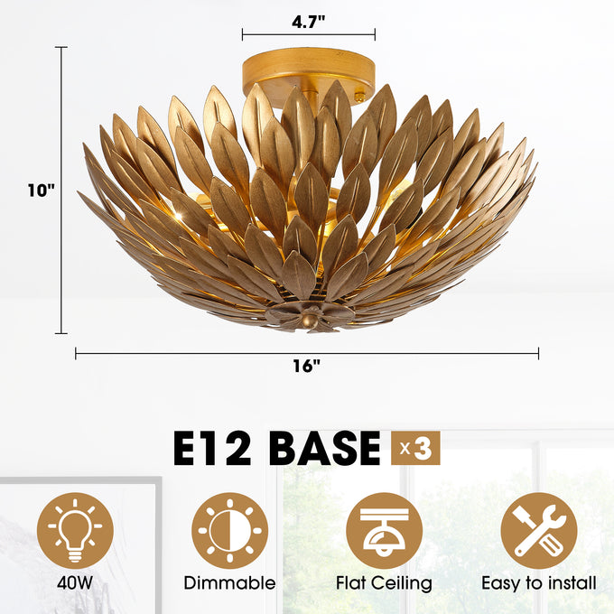 16 Inch 3-Light Farmhouse Golden Semi-Flush Mount Ceiling Lighting