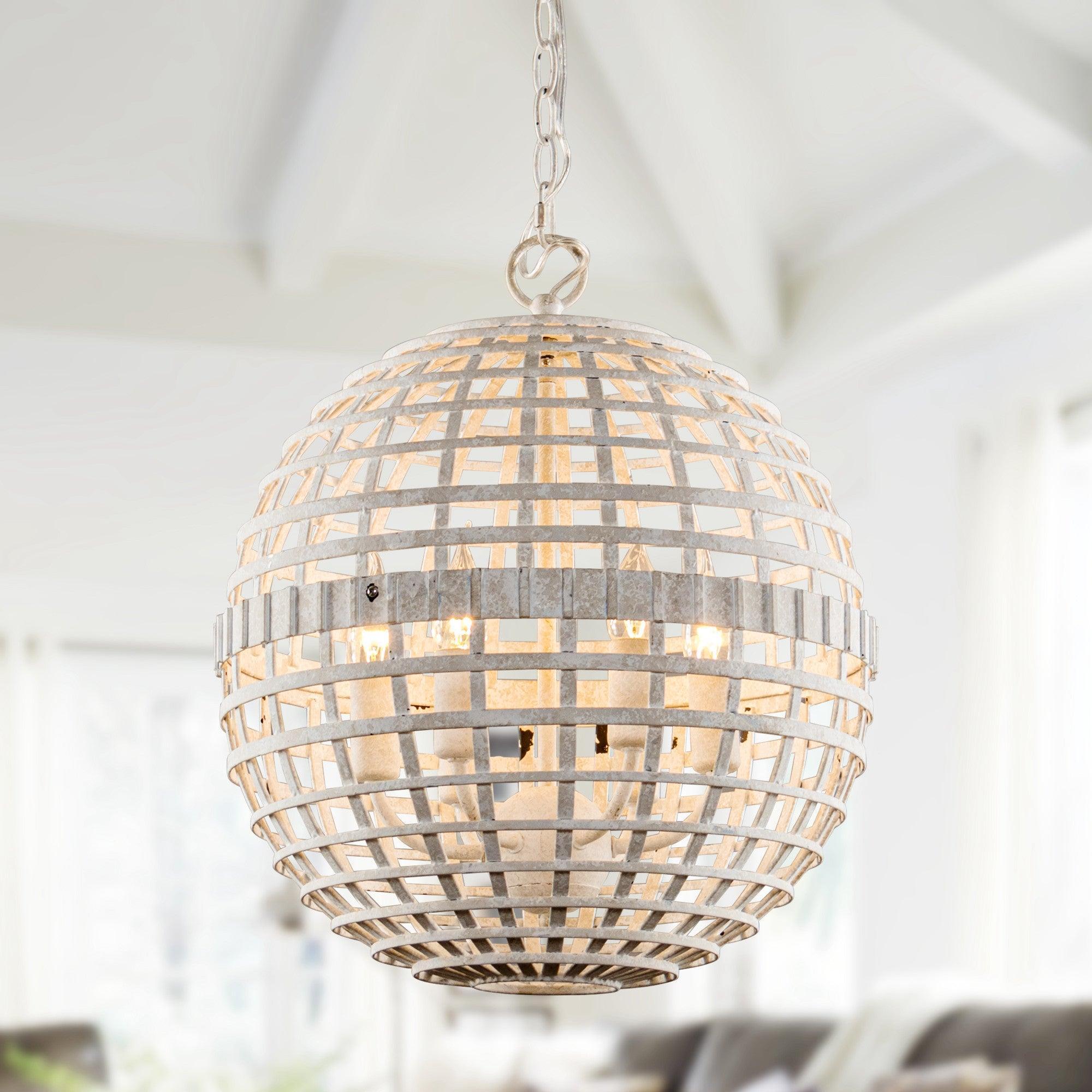 Lámpara colgante vintage y rústica de 6 luces en forma de globo, color blanco