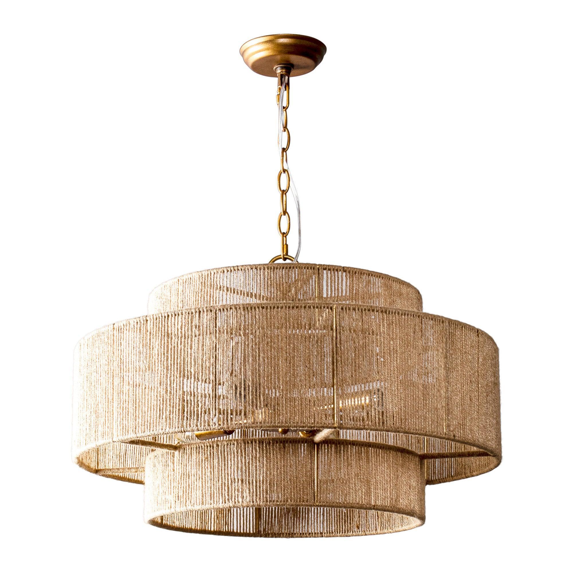Bohemian Antique Gold 6-Light Drum Downrod Mount with Natural Rope Shade