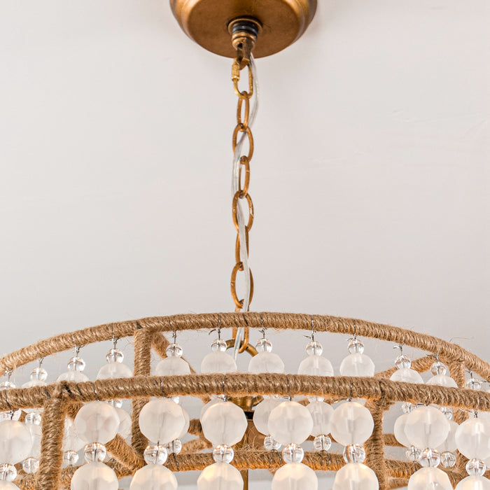 6-Light Antique Gold Farmhouse Drum Beaded Chandelier with Rope Accents
