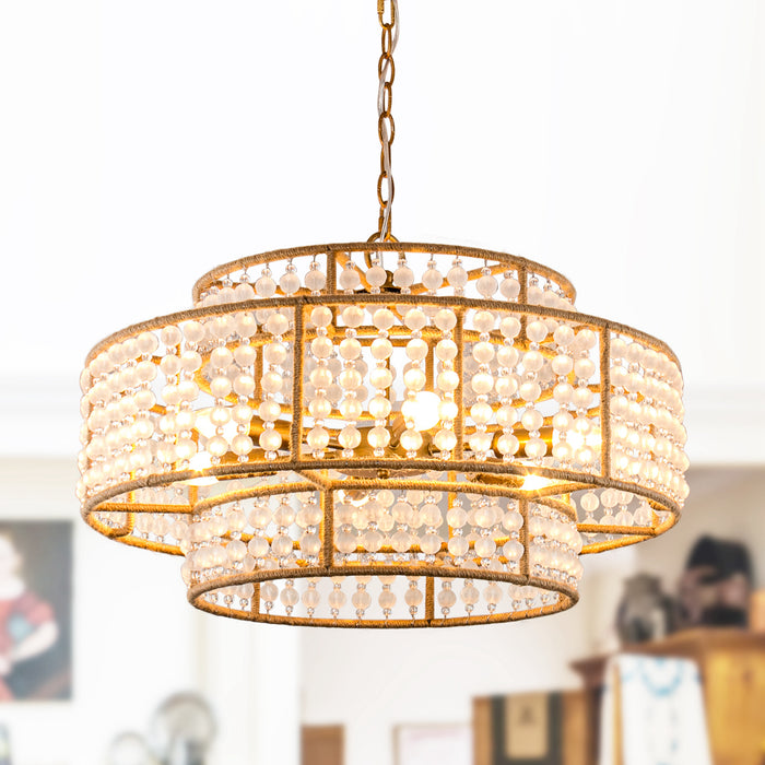 6-Light Antique Gold Farmhouse Drum Beaded Chandelier with Rope Accents