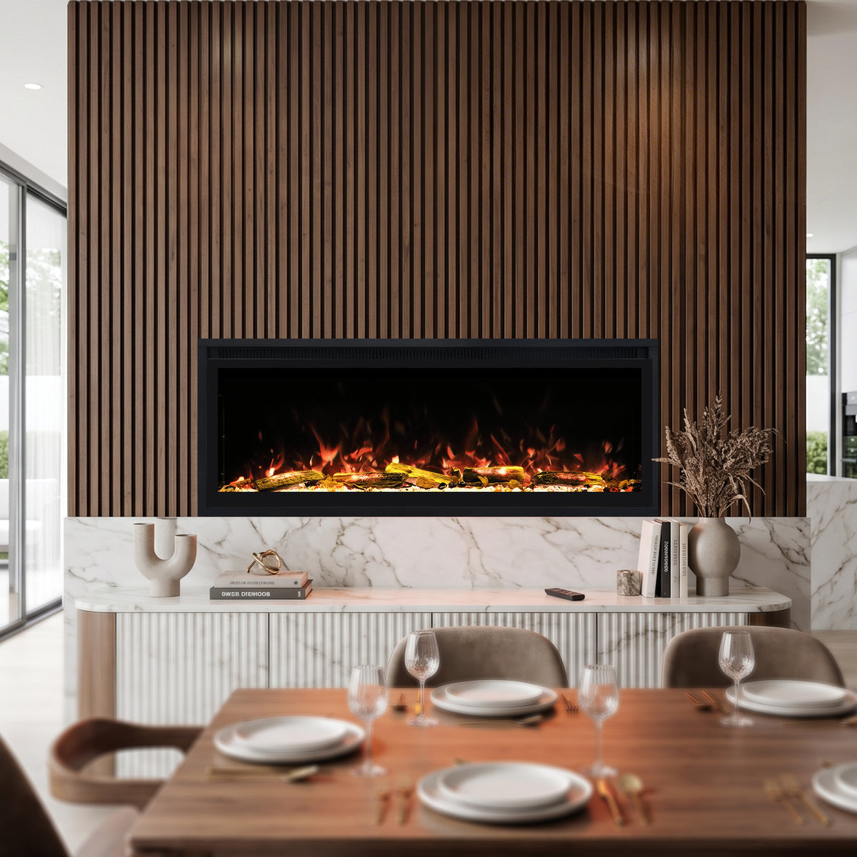 Smart Electric Fireplace with Wi-Fi & Remote Control, Recessed or Wall-Mounted, 13 Flame Colors & Crackling Sound