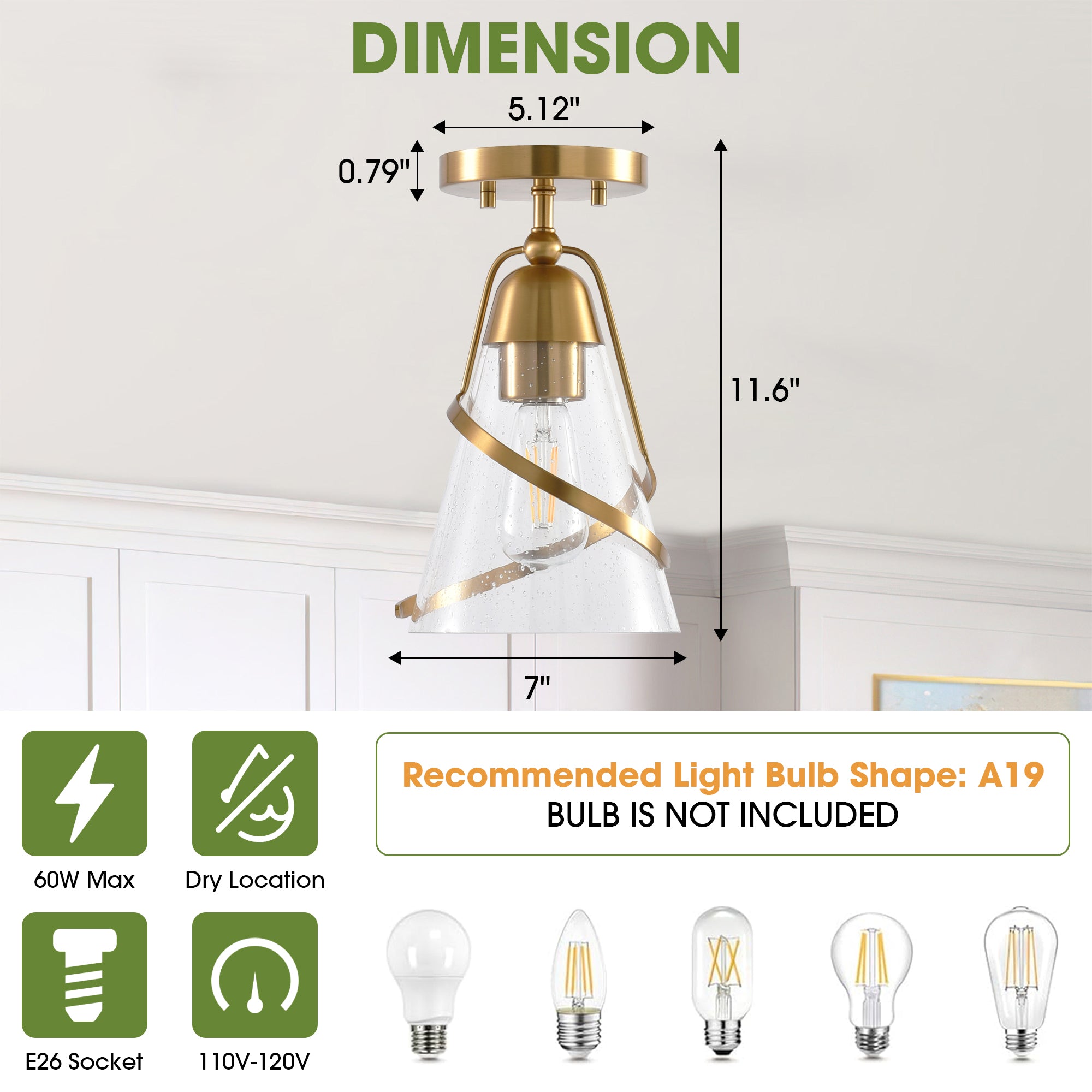 7 Inch Walker 1-Light Semi-Flush Mount Ceiling Light