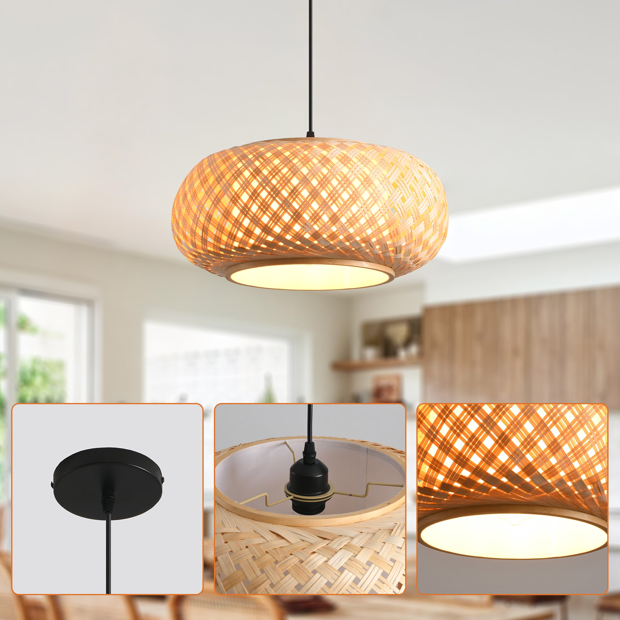 16" Yehudi Bohemian Handwoven Bamboo Island Pendant Light