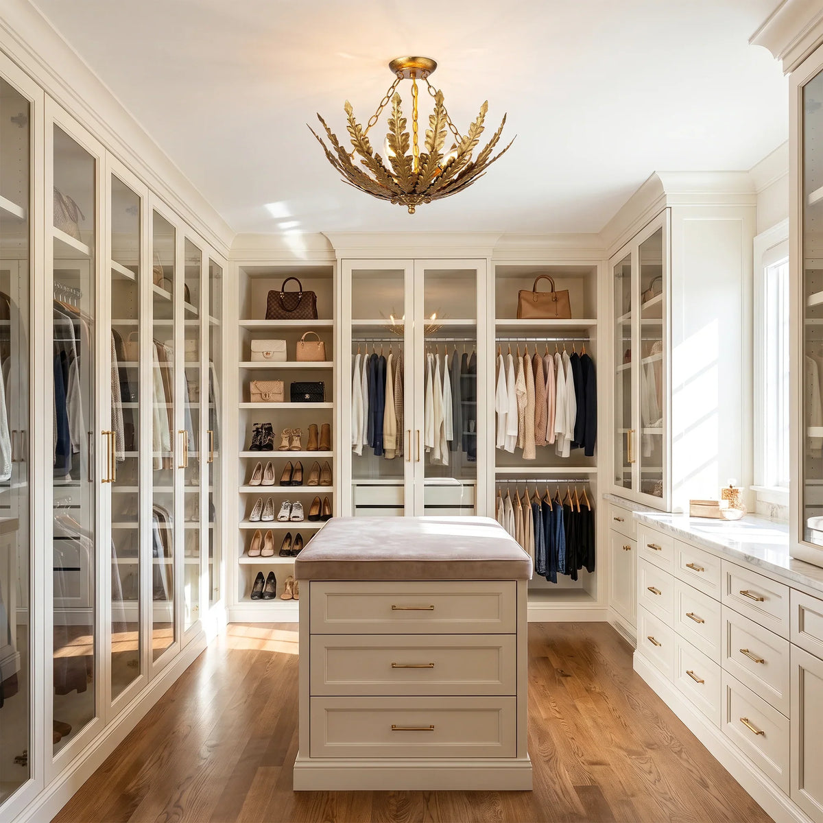 Ornate gold leaf-designed ceiling light fixture in a luxury walk-in closet