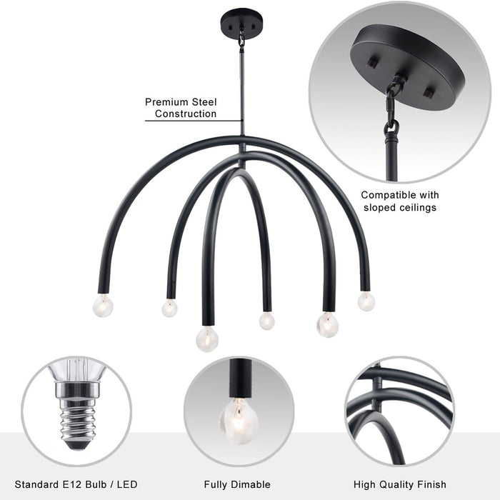 Lámpara de araña Caboche Mid-Century Modern negra regulable de 6 luces