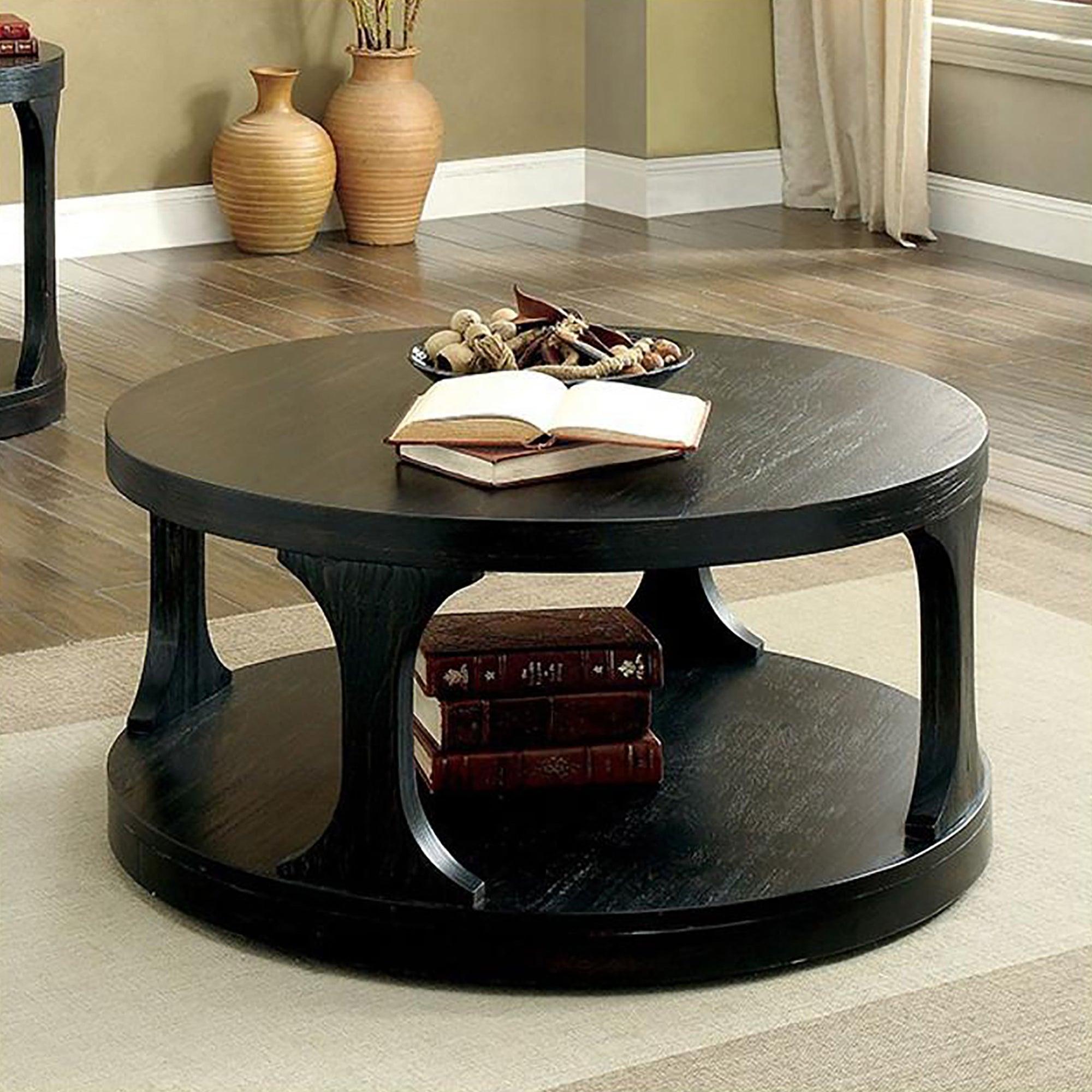 Mesa de centro redonda de 45 cm de alto con estante abierto, color negro antiguo