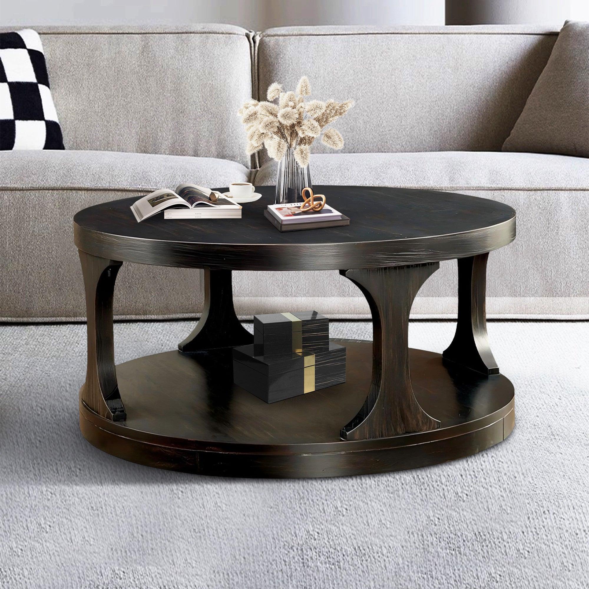 Mesa de centro redonda de 45 cm de alto con estante abierto, color negro antiguo