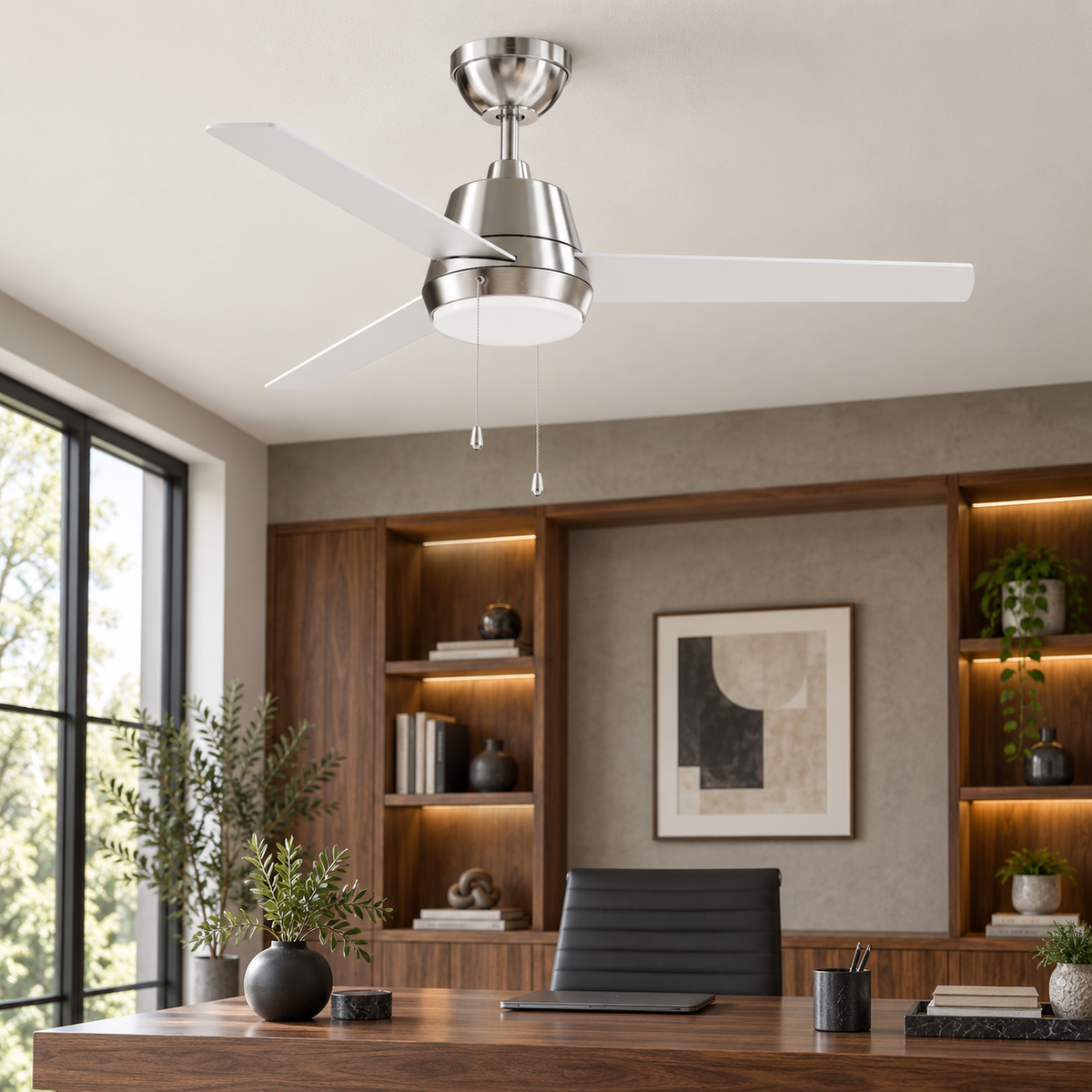 52 Inch Lewis Satin Nickel Pull-Chain LED Ceiling Fans