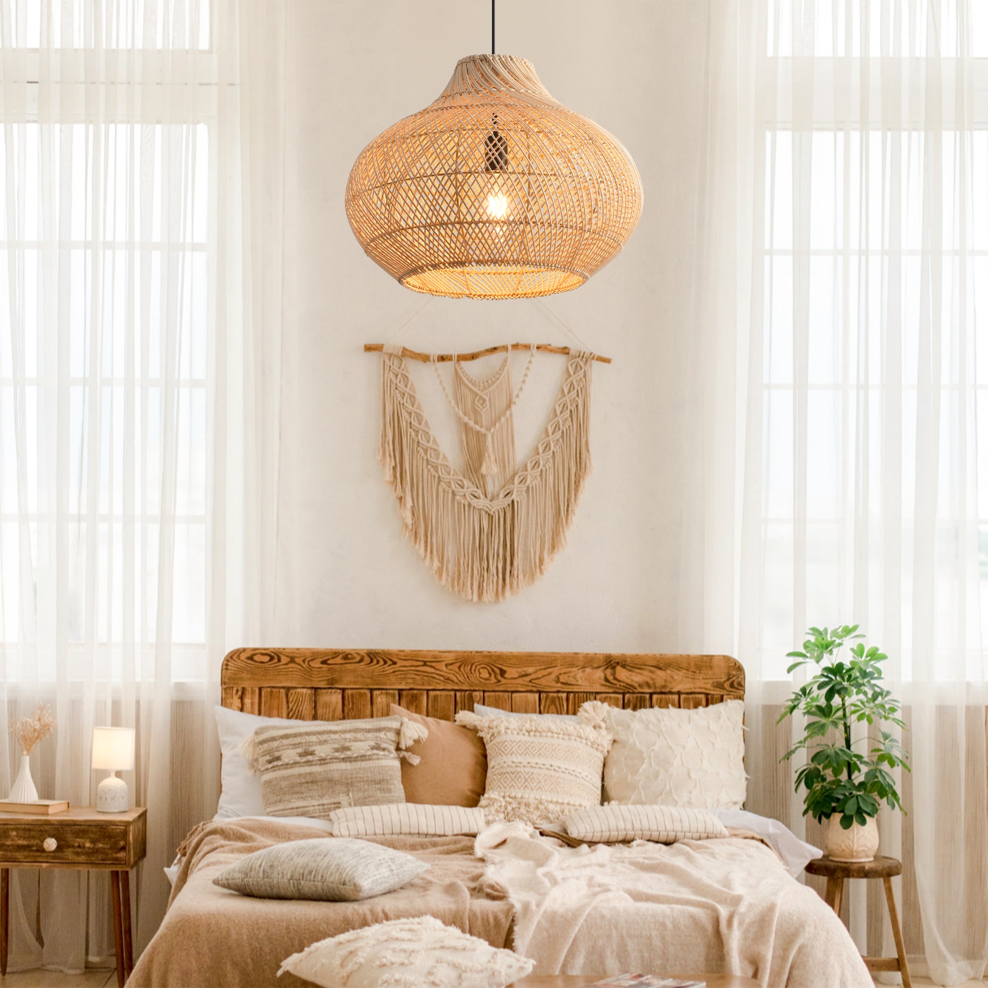 14" Xavier Bohemian Handwoven Rattan Island Pendant Light