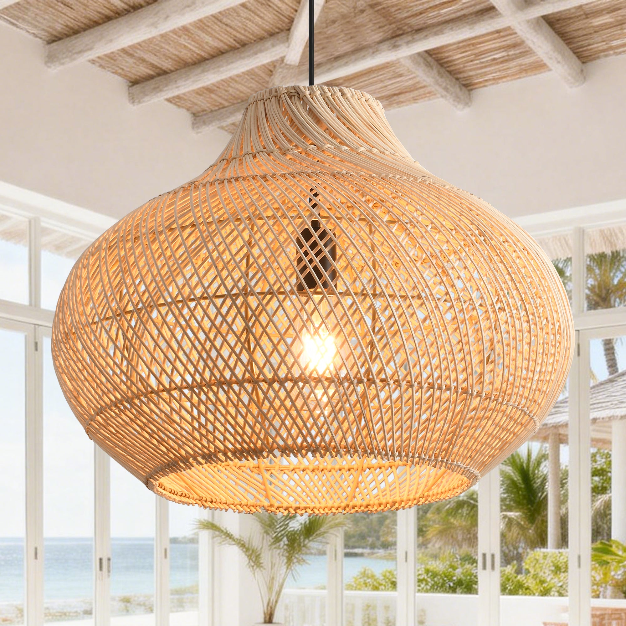 14" Xavier Bohemian Handwoven Rattan Island Pendant Light