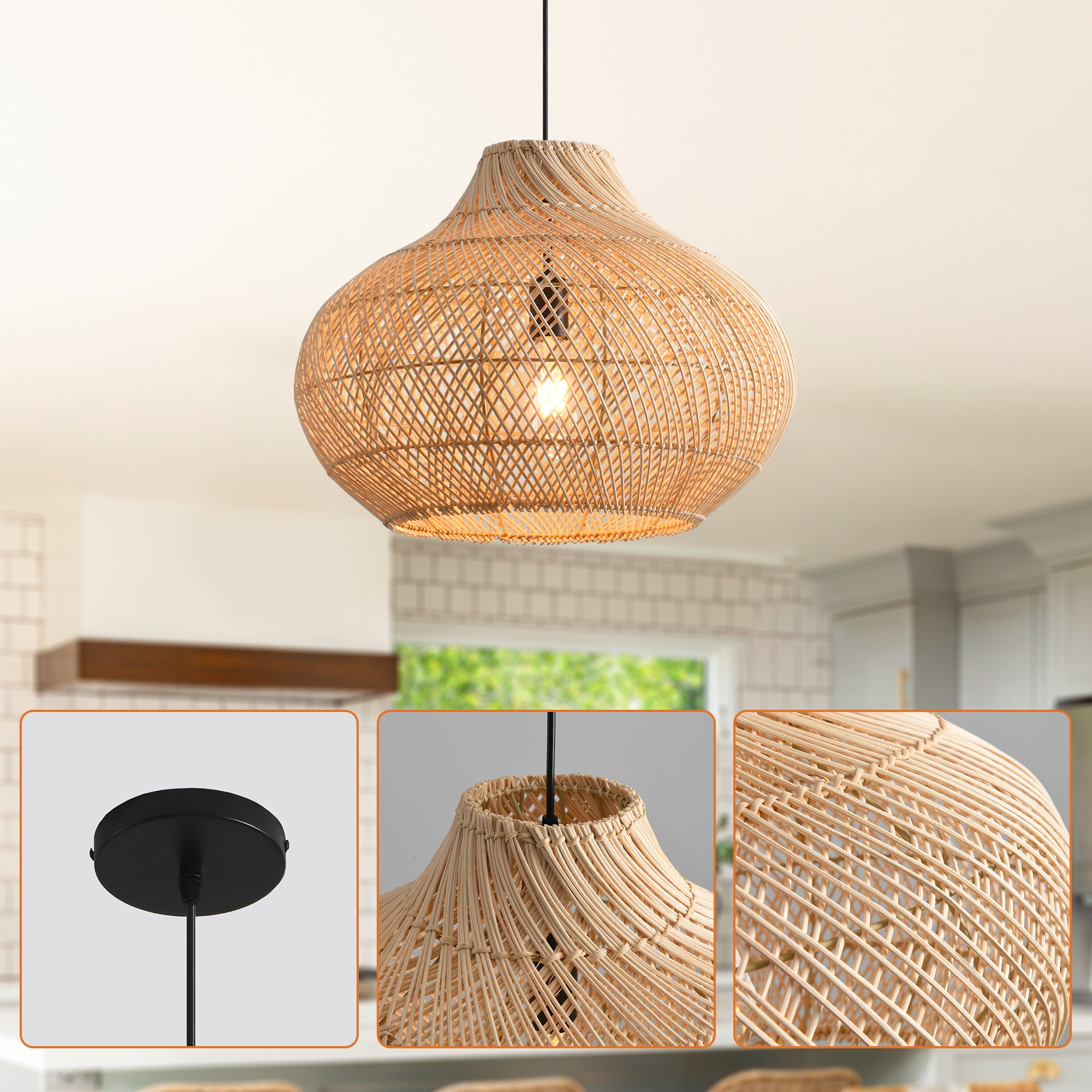 14" Xavier Bohemian Handwoven Rattan Island Pendant Light