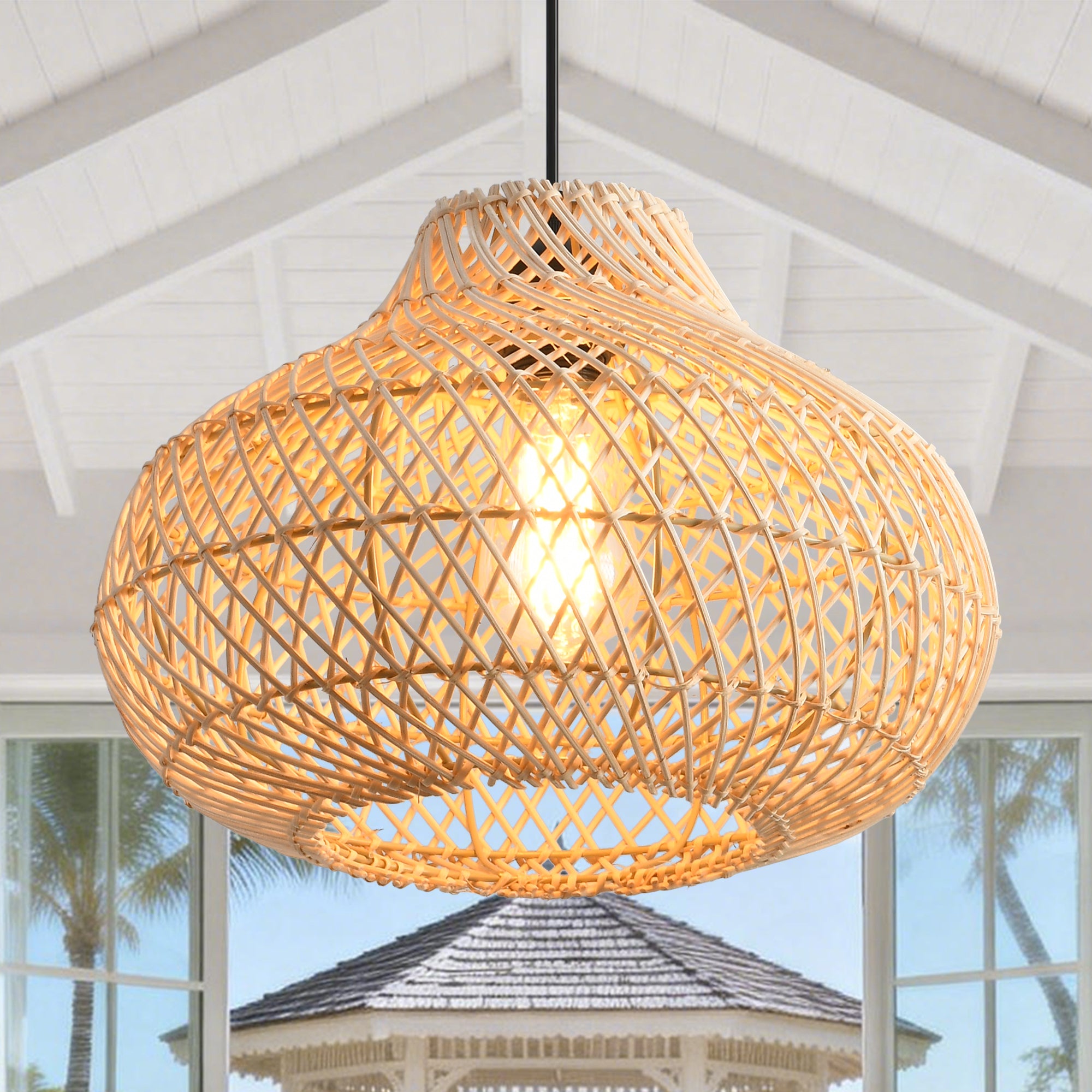 19" Winston Bohemian Handwoven Rattan Island Pendant Light