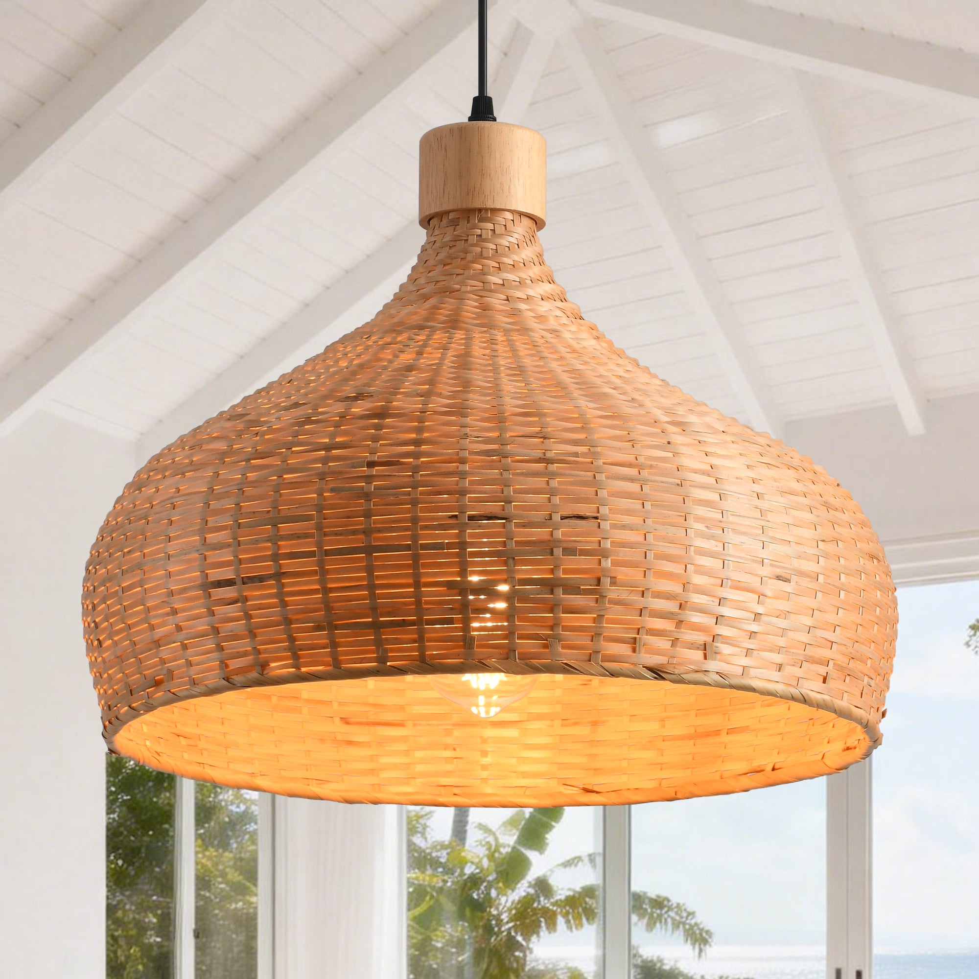 18" Winfred Bohemian Handwoven Bamboo Island Pendant Light