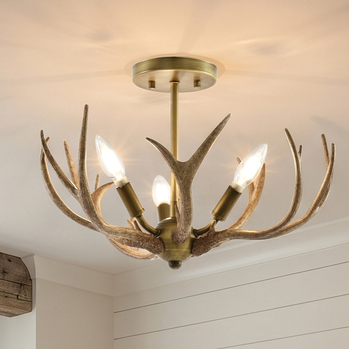 Mick 3-Light Antique Brass Antler Semi-Flush Mount Ceiling Light