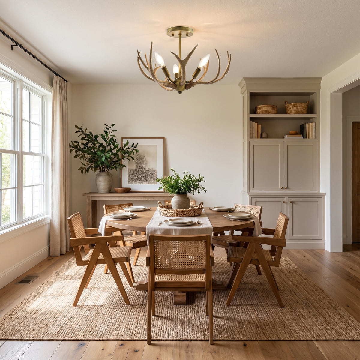 Mick 3-Light Antique Brass Antler Semi-Flush Mount Ceiling Light