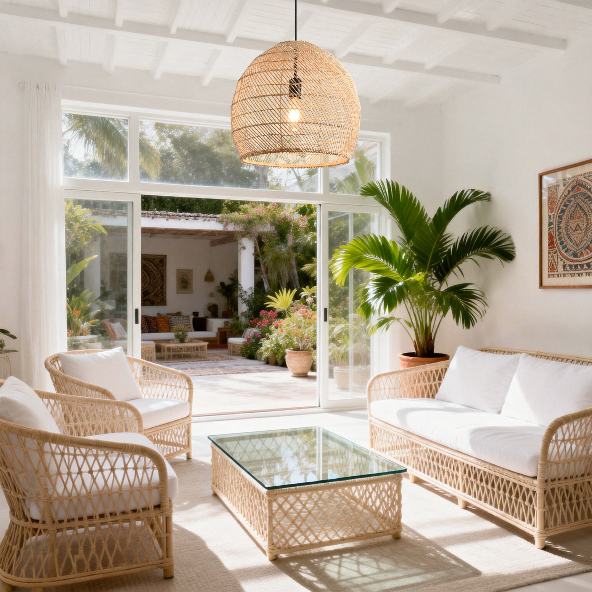 16" Virgil Bohemian Handwoven Rattan Island Pendant Light