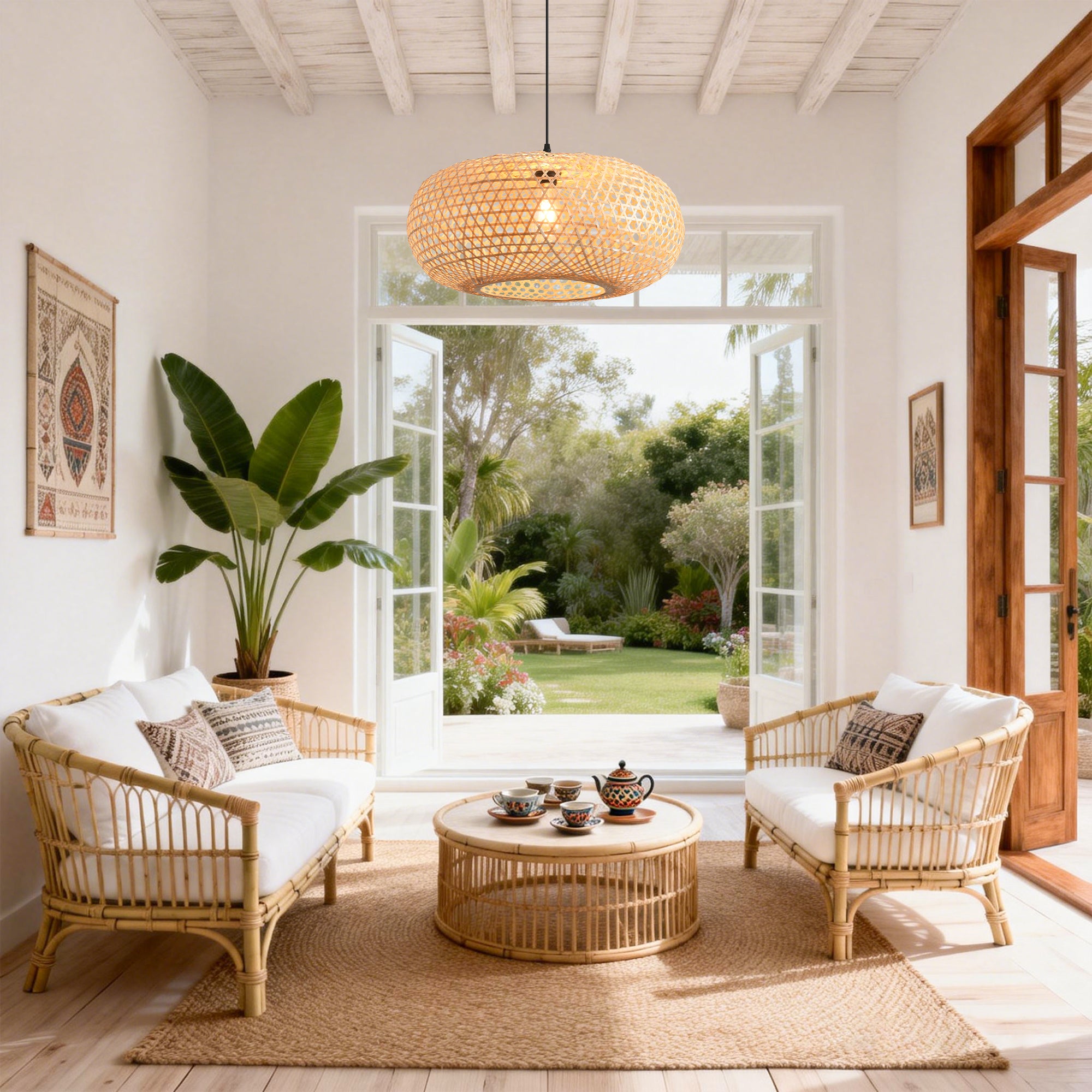 22" Vincent Bohemian Handwoven Bamboo Island Pendant Light