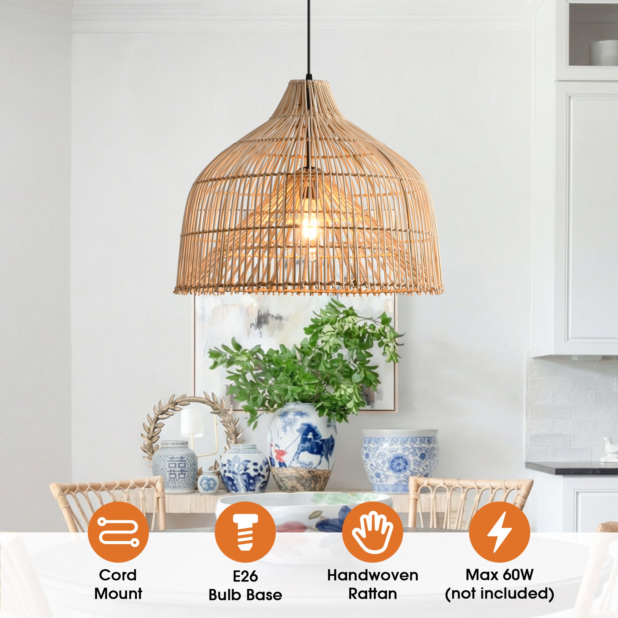 20" Ulysses Bohemian Handwoven Rattan Island Pendant Light
