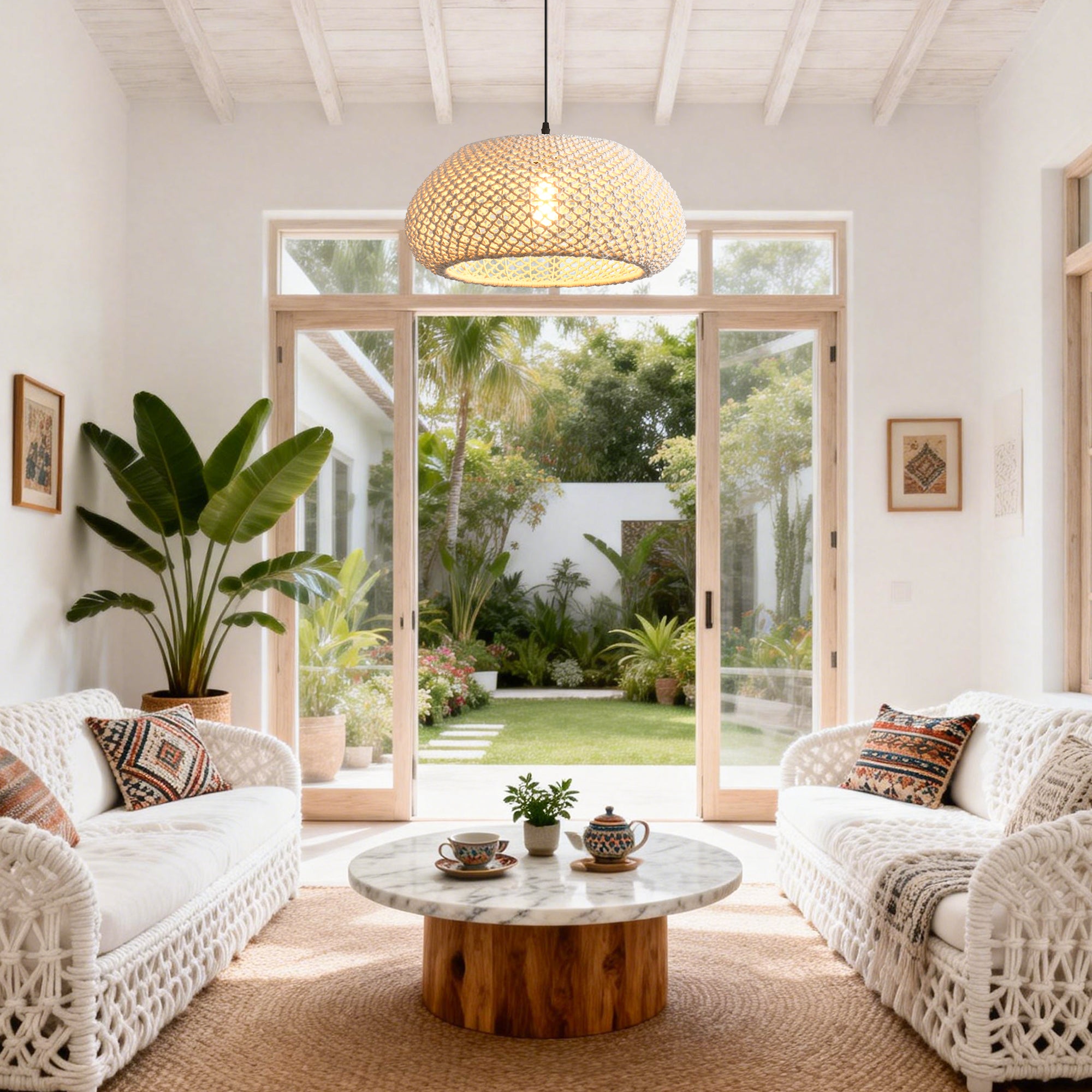 19" Tyler Bohemian Handwoven Cotton Rope Island Pendant Light