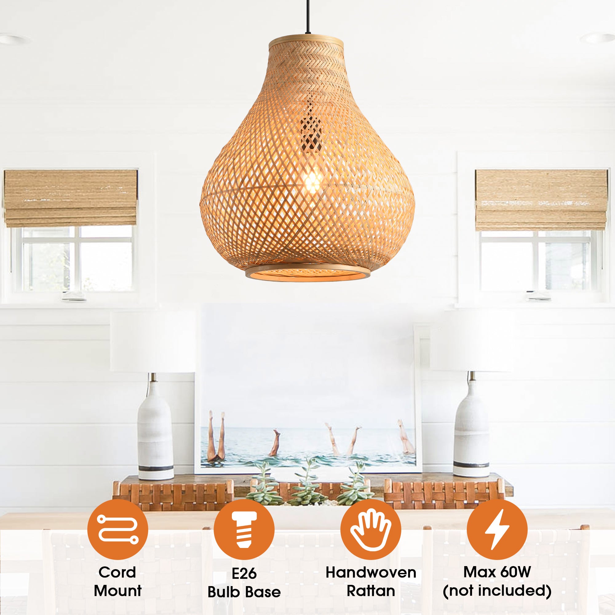 15" Troy Bohemian Handwoven Bamboo Island Pendant Light