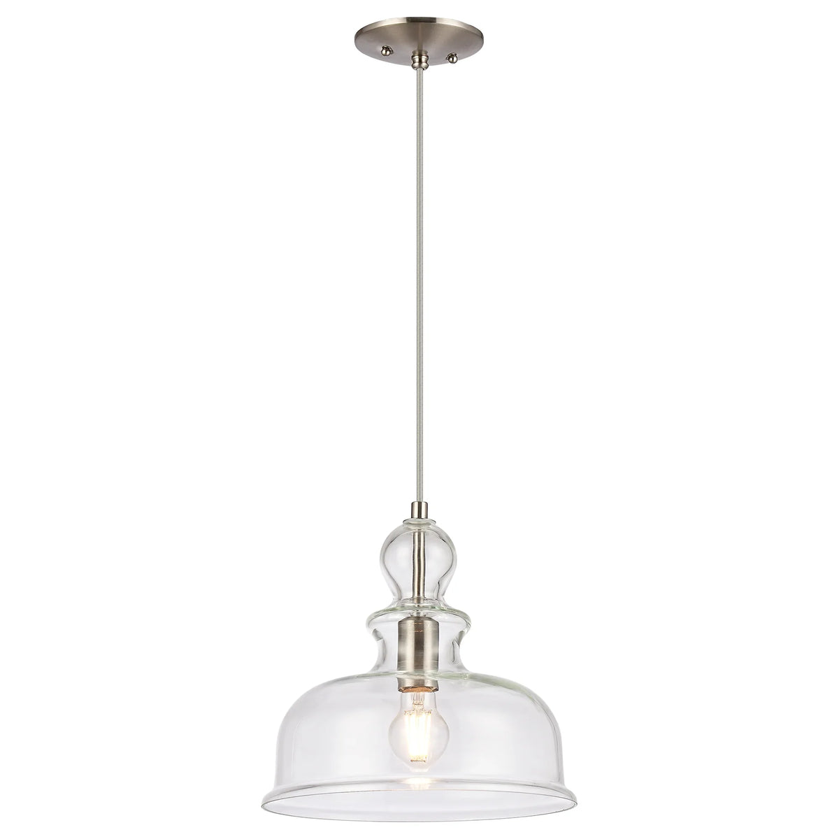 Brushed nickel pendant light with a clear glass bell-shaped shade