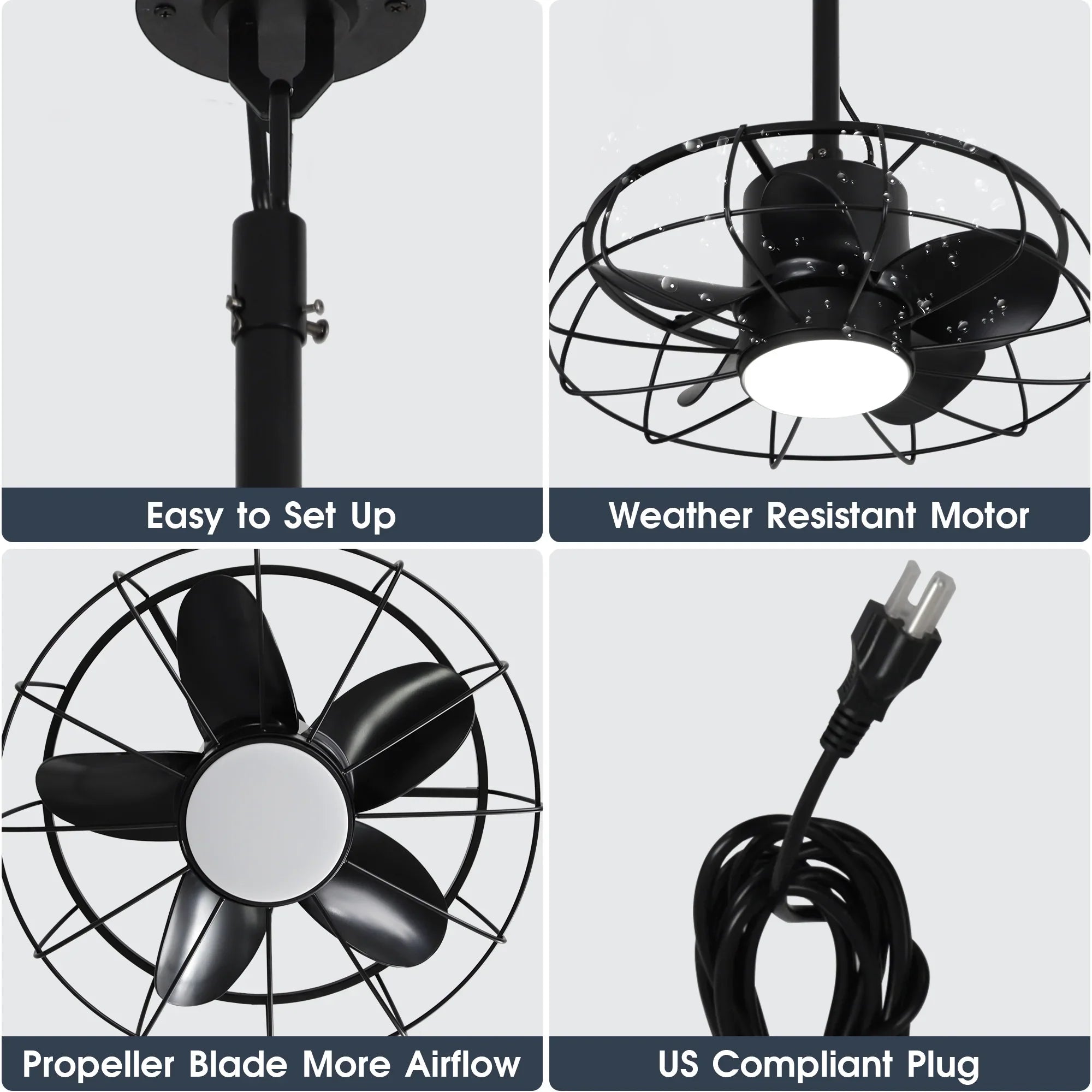 20 Inch Vistula Outdoor DC Motor Black Industrial Hanging Buckle Downrod Ceiling Fan with Light