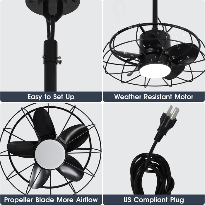 20 Inch Vistula Outdoor DC Motor Black Industrial Hanging Buckle Downrod Ceiling Fan with Light
