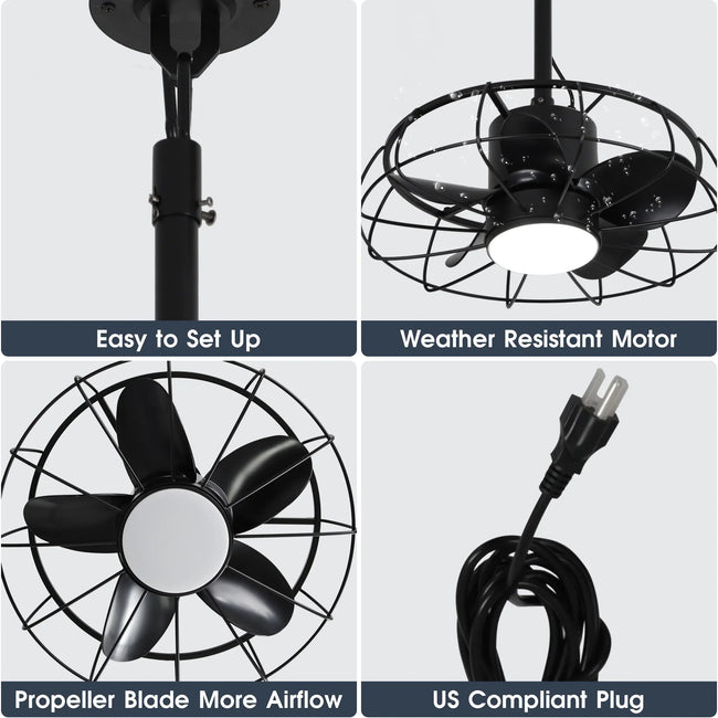 Ventilador de techo industrial Vistula de 20 pulgadas con motor de CC para exteriores, color negro, con hebilla colgante y varilla bajante, con luz