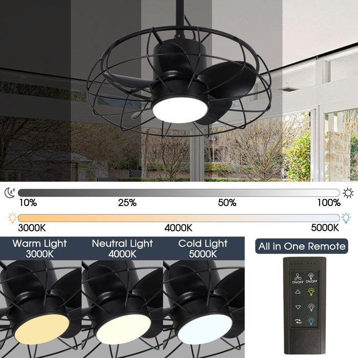 Ventilador de techo industrial Vistula de 20 pulgadas con motor de CC para exteriores, color negro, con hebilla colgante y varilla bajante, con luz