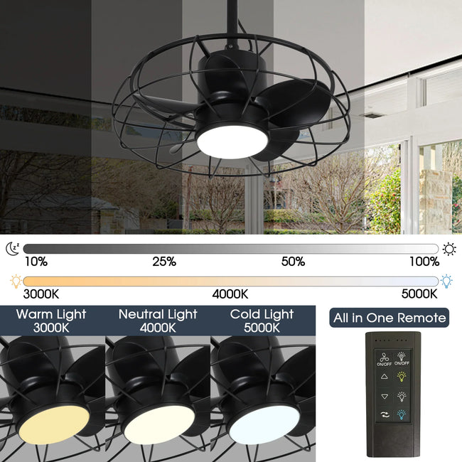 Ventilador de techo industrial Vistula de 20 pulgadas con motor de CC para exteriores, color negro, con hebilla colgante y varilla bajante, con luz