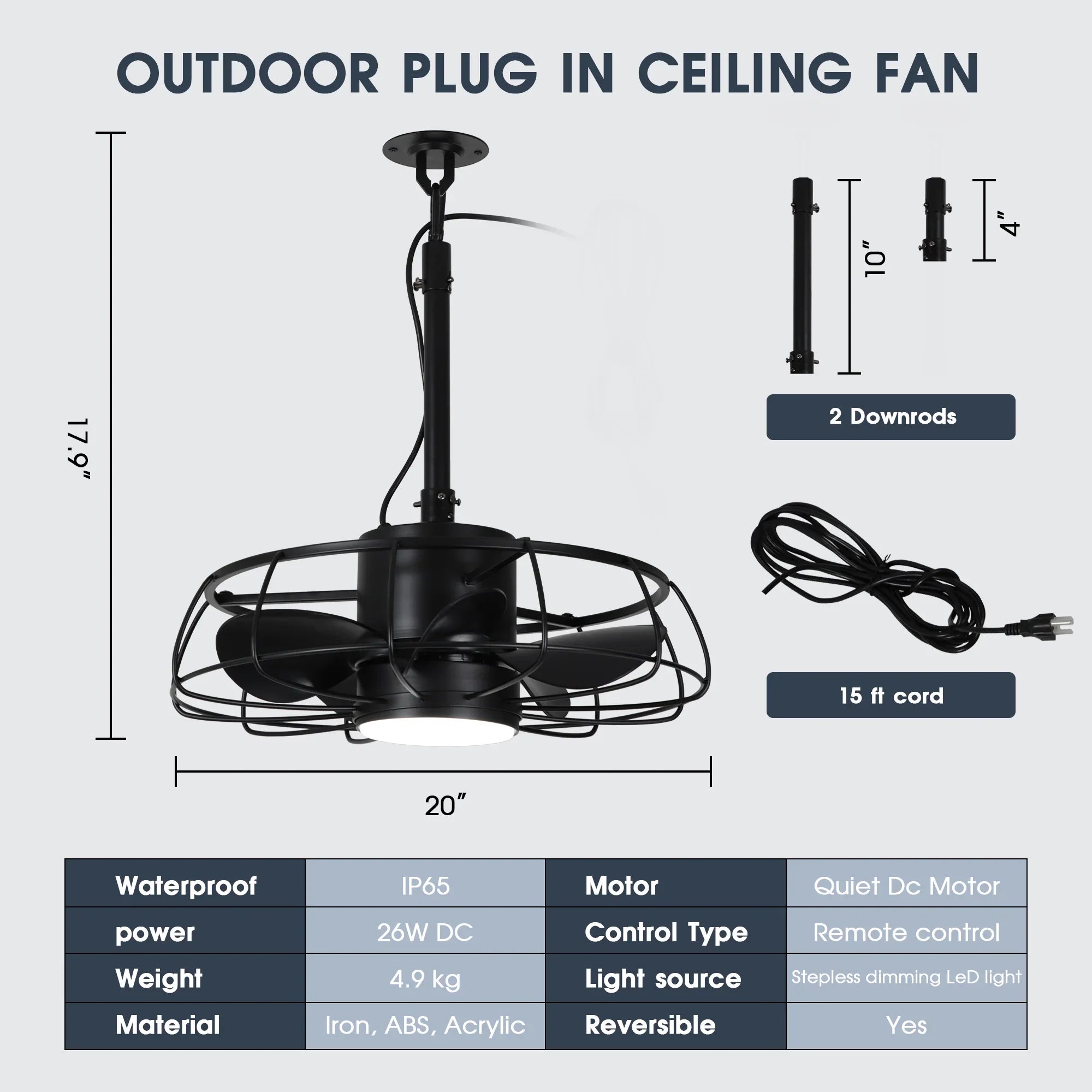 20 Inch Vistula Outdoor DC Motor Black Industrial Hanging Buckle Downrod Ceiling Fan with Light