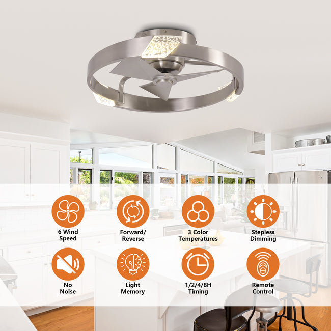 20 Inch Hazel Satin Nickel Flush Mount LED Ceiling Fan with Remote Control