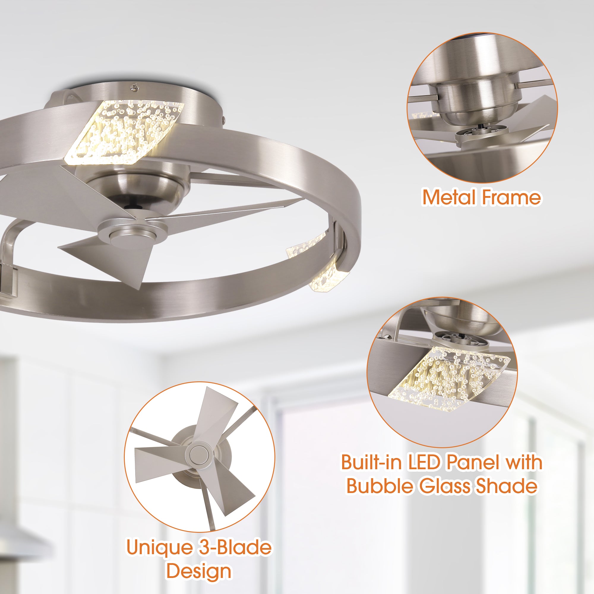 20 Inch Hazel Satin Nickel Flush Mount LED Ceiling Fan with Remote Control