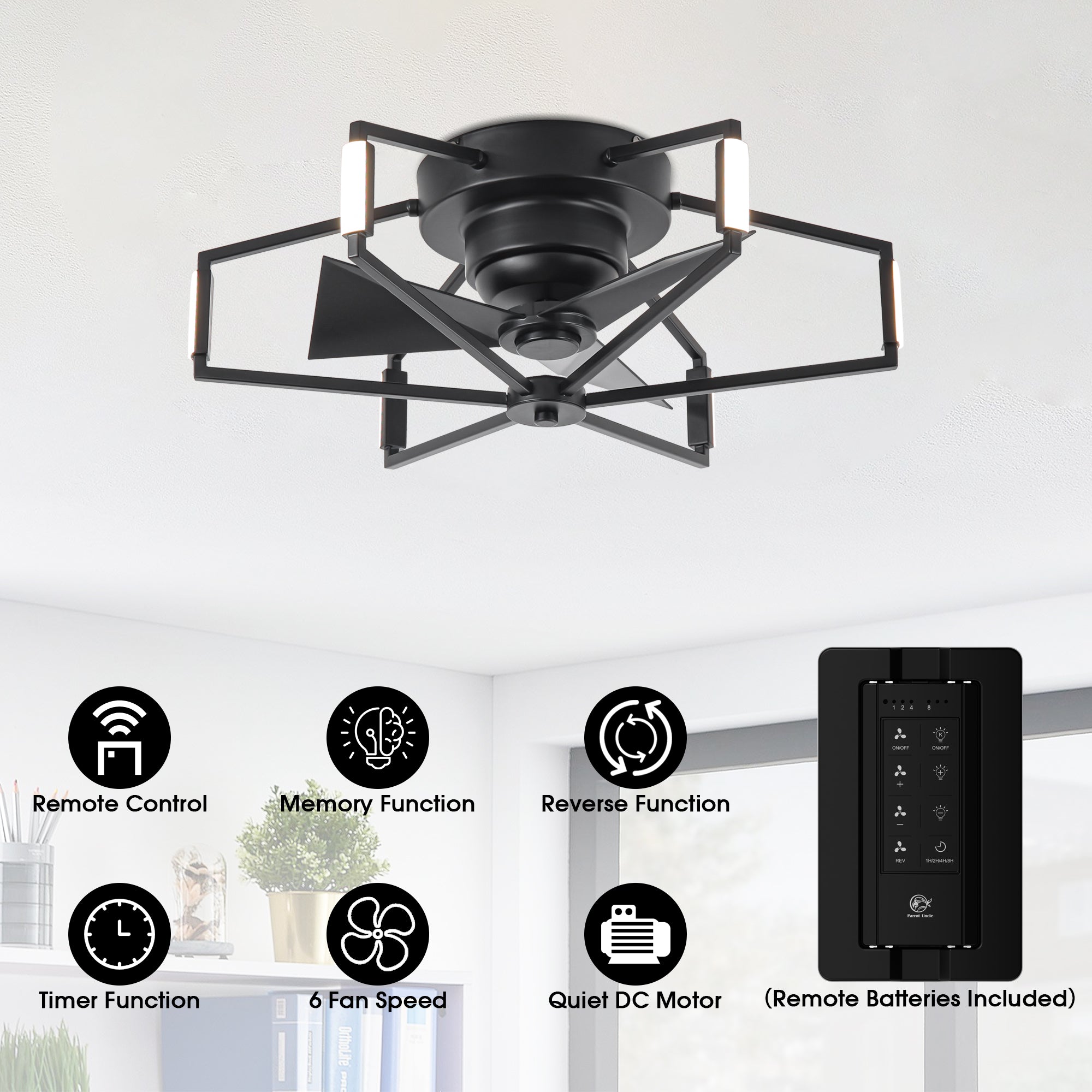 21 Inch Wade Black Industrial Flush Mount LED Ceiling Fan