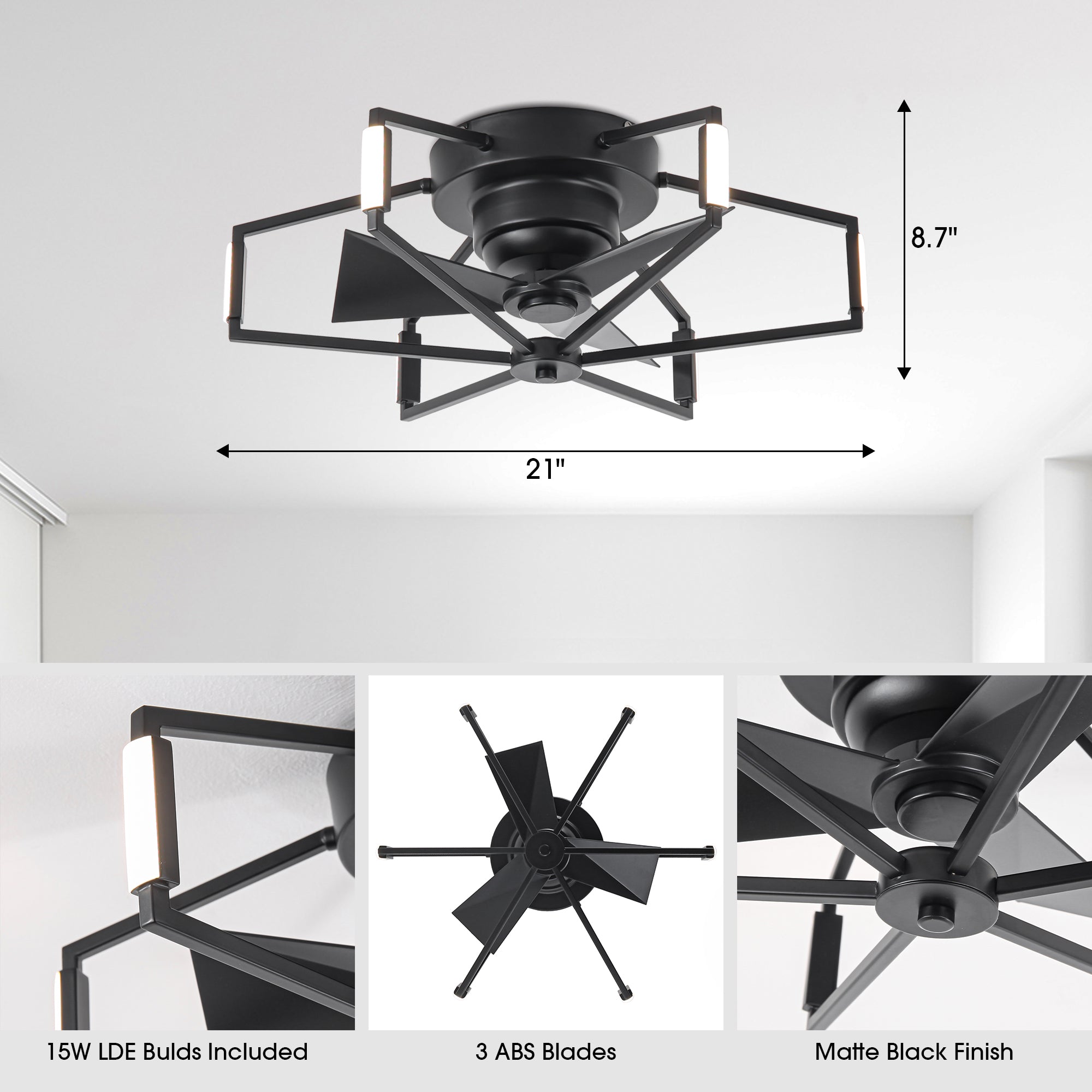 21 Inch Wade Black Industrial Flush Mount LED Ceiling Fan