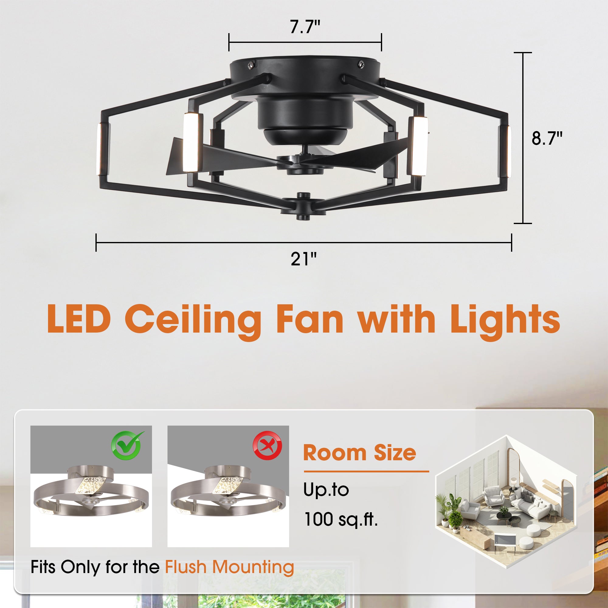 21 Inch Wade Black Industrial Flush Mount LED Ceiling Fan