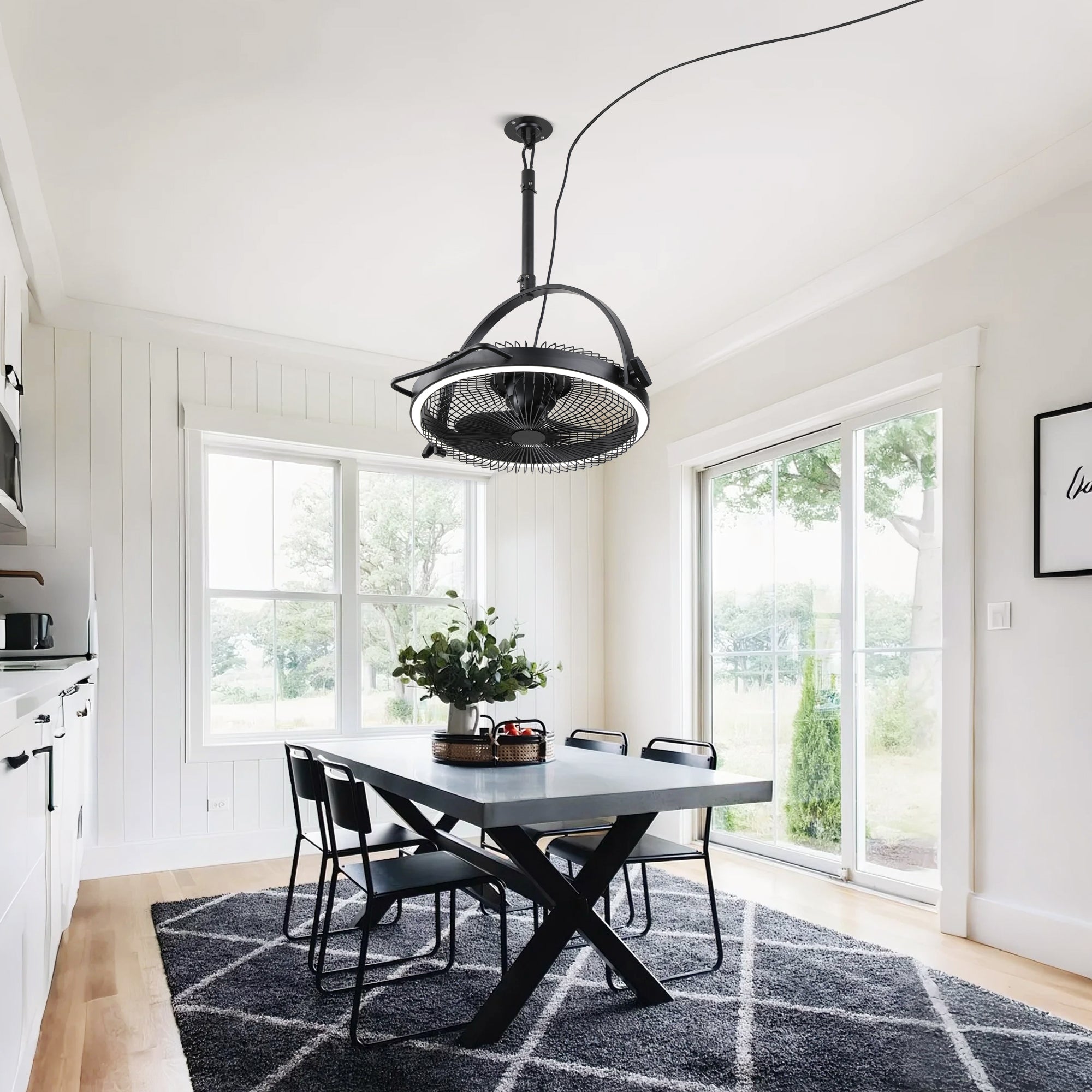 20 Inch Black Industrial Rotatable LED Downrod Fan Floor Fan with Remote Control