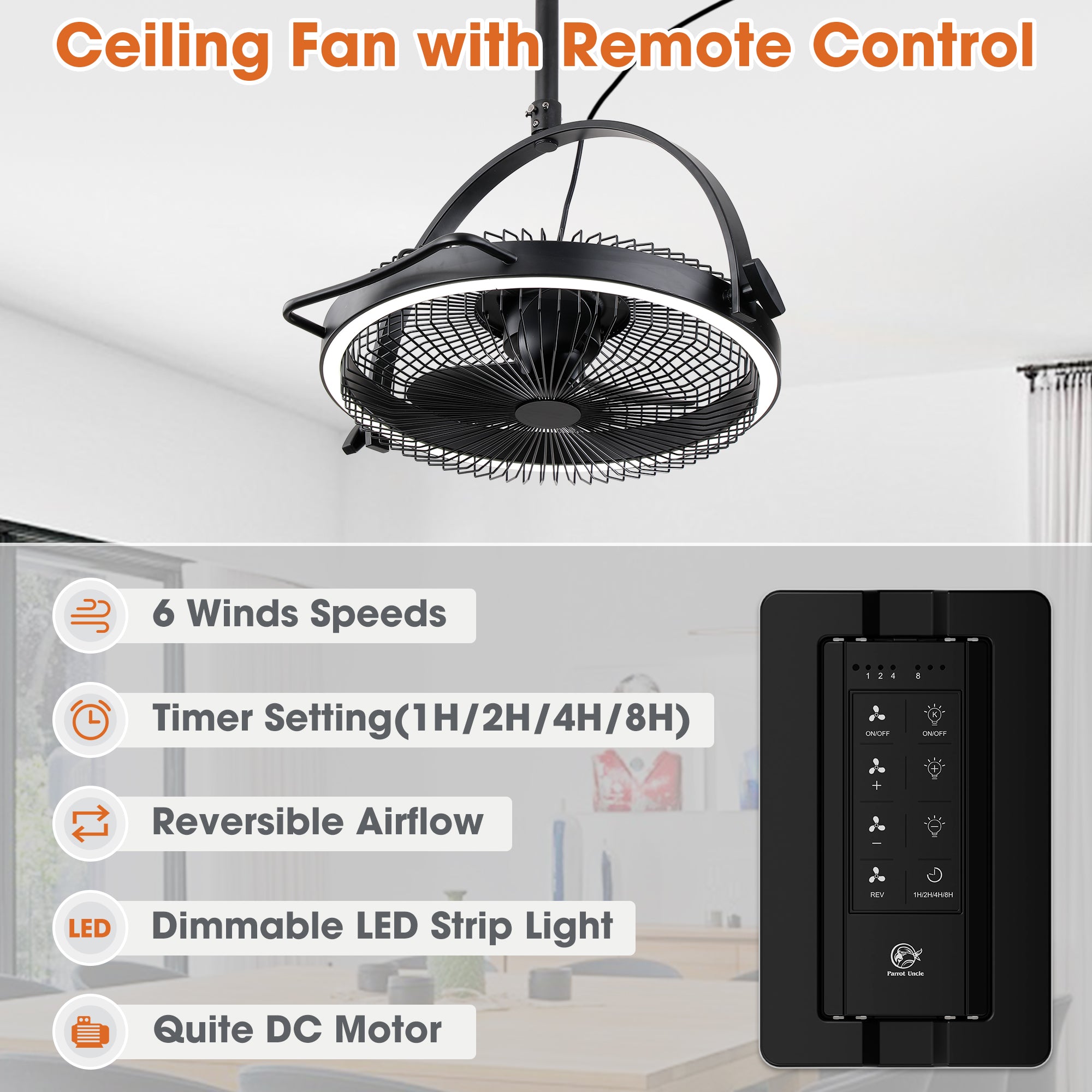20 Inch Black Industrial Rotatable LED Downrod Fan Floor Fan with Remote Control