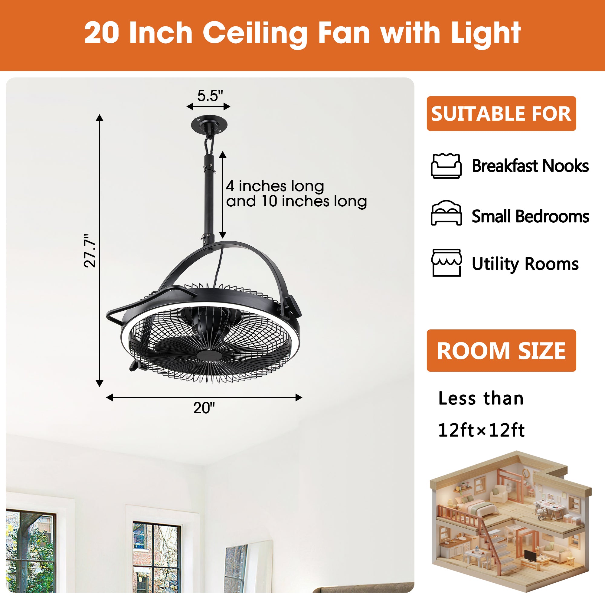 20 Inch Black Industrial Rotatable LED Downrod Fan Floor Fan with Remote Control