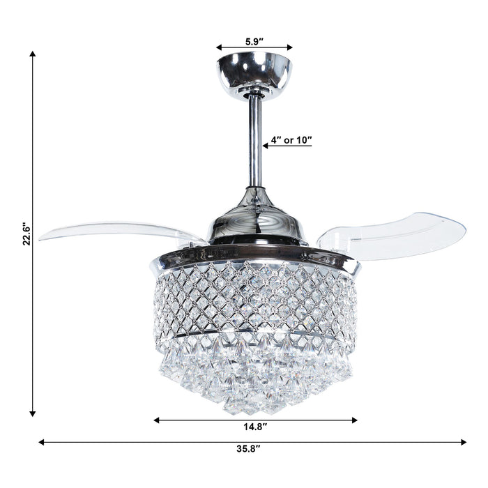 36" Madurai Modern Chrome Downrod Mount Crystal Ceiling Fan with Lighting and Remote Control