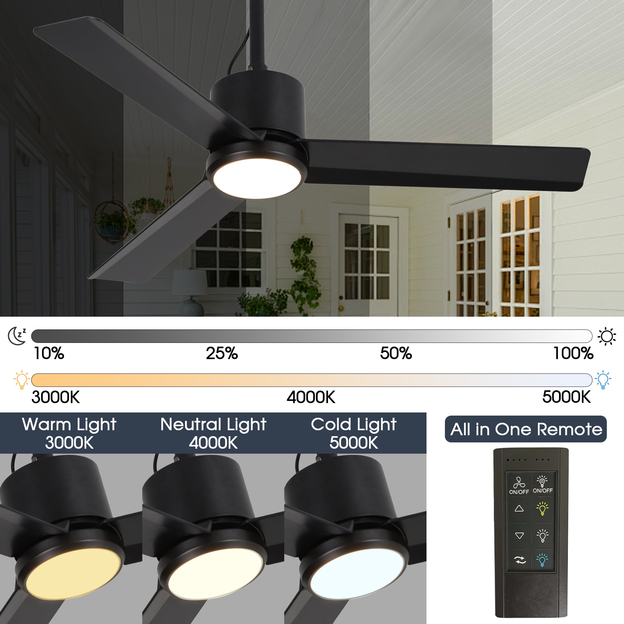 Ventilador de techo Rhine de 42 pulgadas para interiores y exteriores, resistente al agua, IP65, color negro, con luz LED y práctico gancho para colgar.